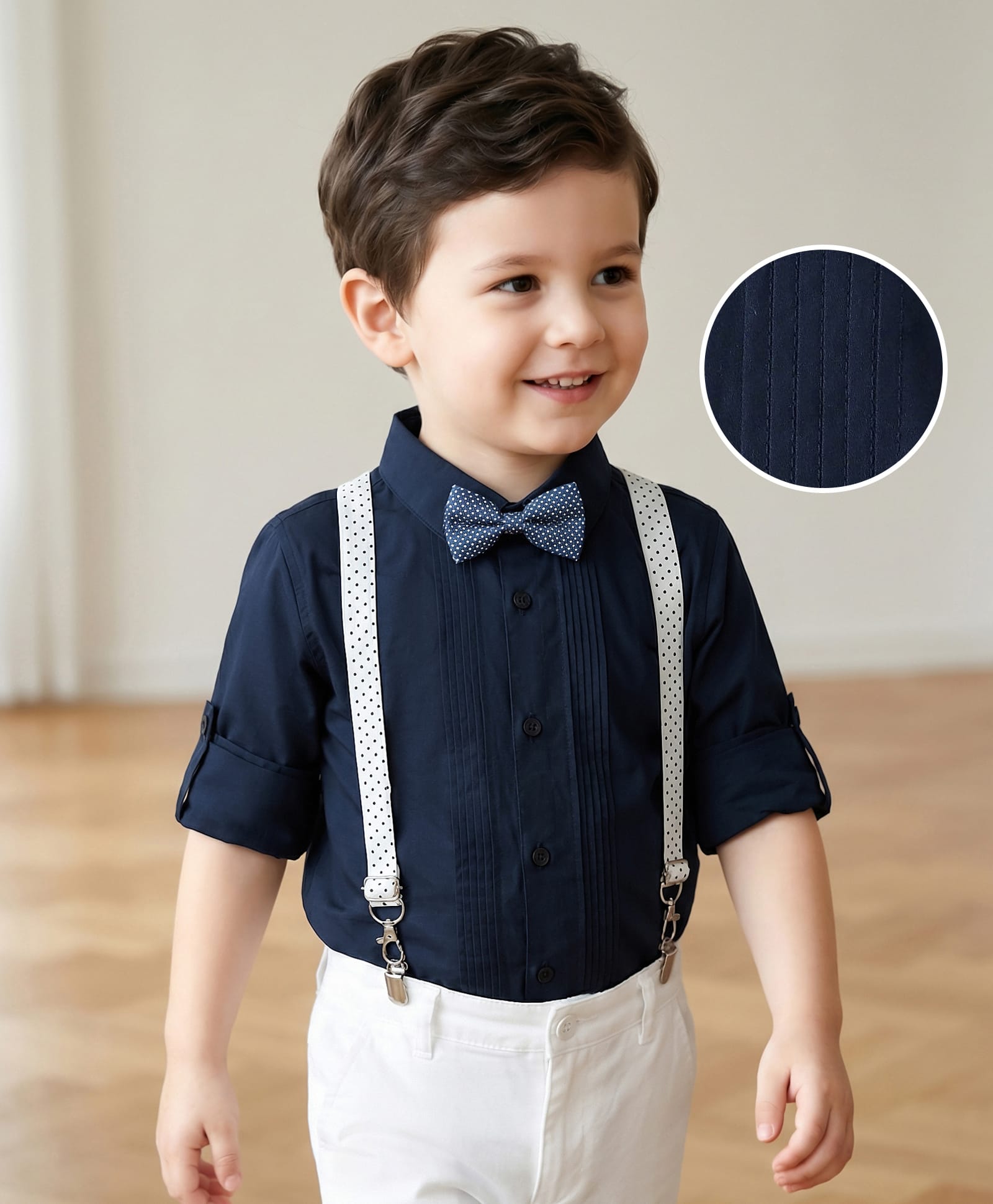 Mark & Mia Satin Woven Full Sleeves Pleated Party Shirt with Suspender & Bow  -  Navy Blue-picture-26