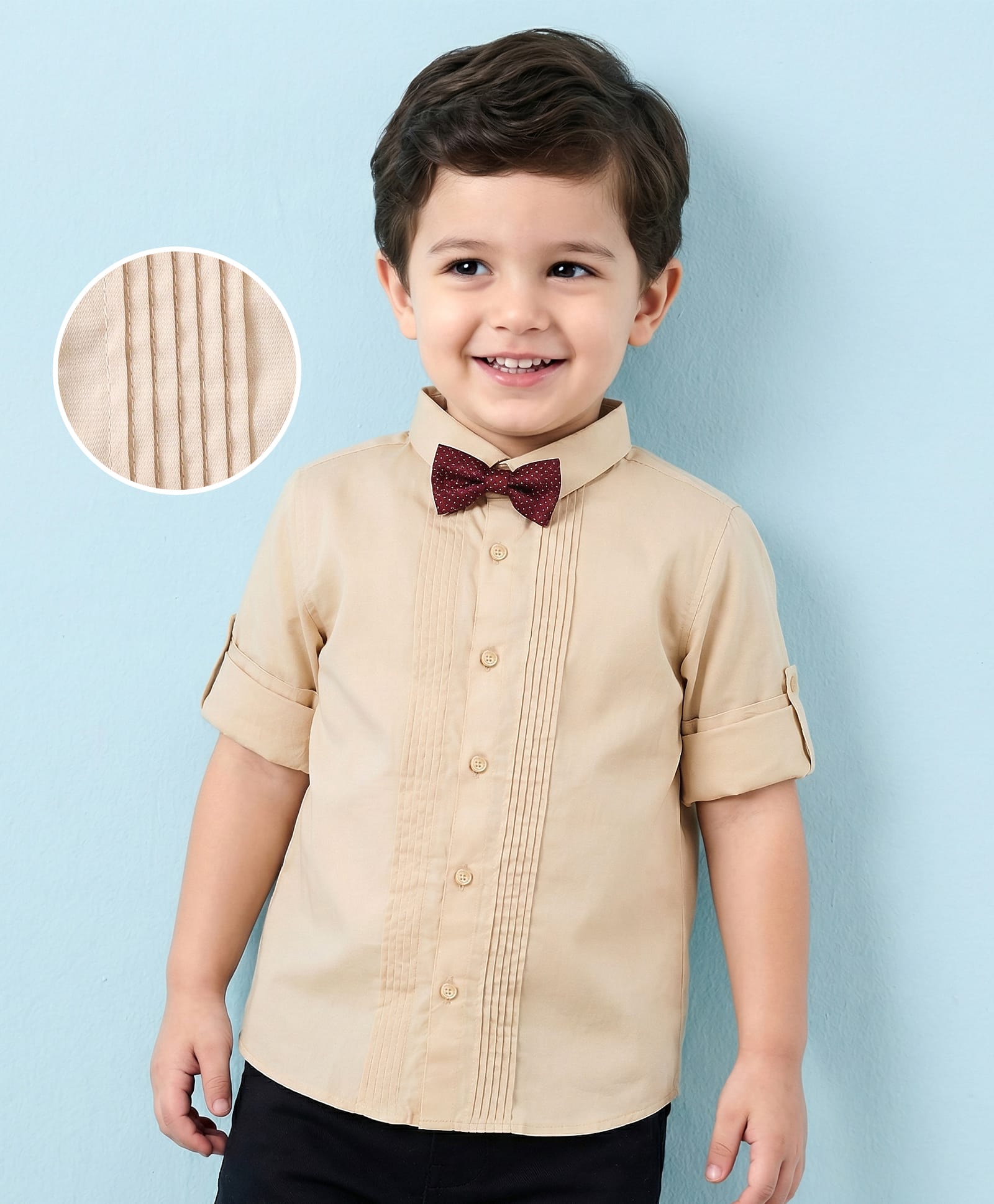 Mark & Mia Full Sleeves Solid Color Pleated Party Shirt With Bow - Cream-image-3