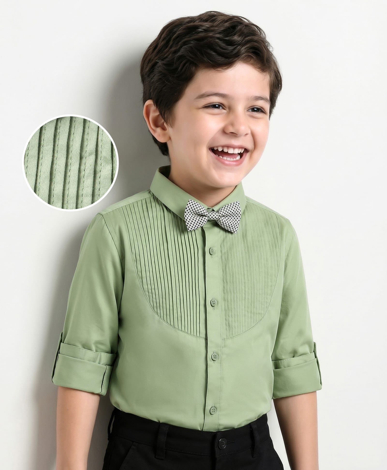 Mark & Mia Full Sleeves Solid Color Pleated Party Shirt With Bow - Green-image-0