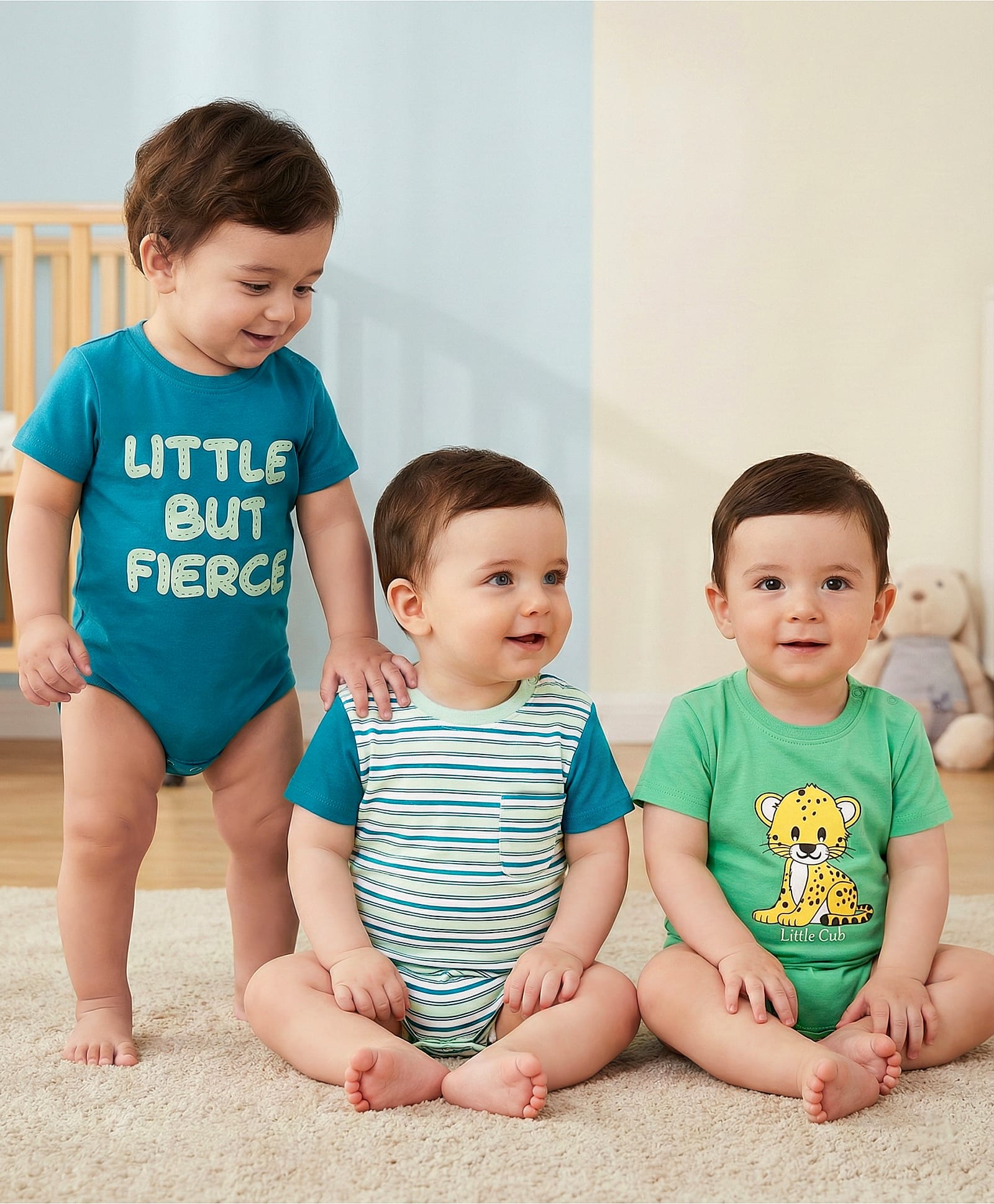 Babyoye 100% Cotton With Eco Jiva Finish Half Sleeves Onesie With Cheetah Print Pack of 3 - Green-image-23