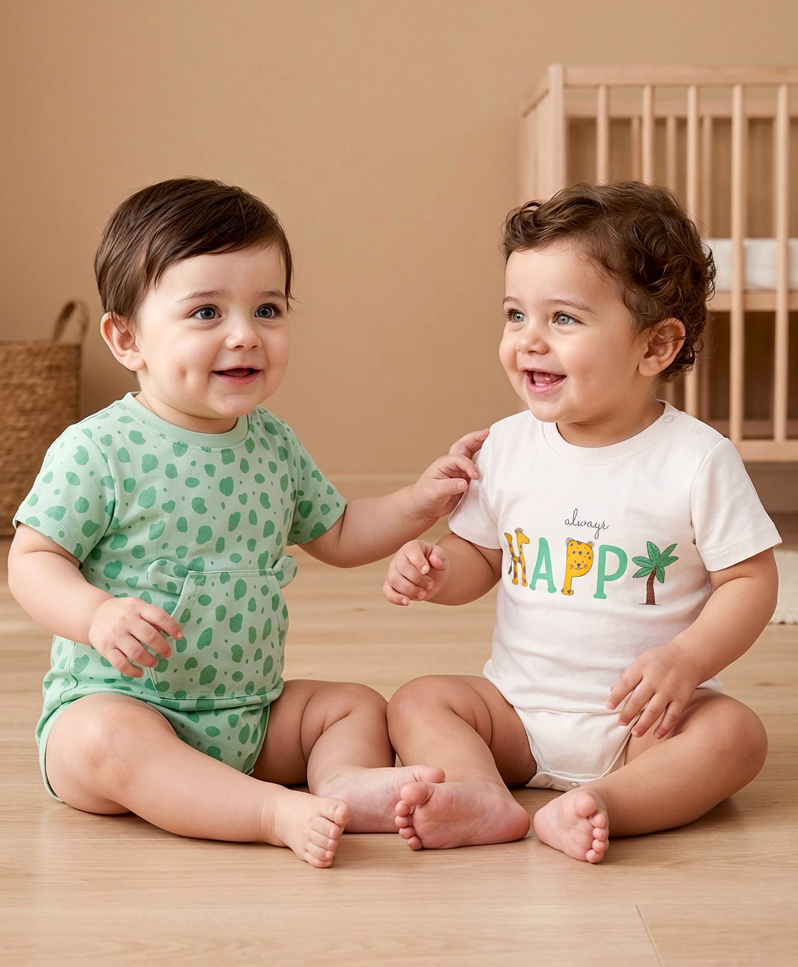 Babyoye 100% Cotton With Eco Jiva Finish Half Sleeves Onesies Giraffe & Text Print - Off White & Green-image-36