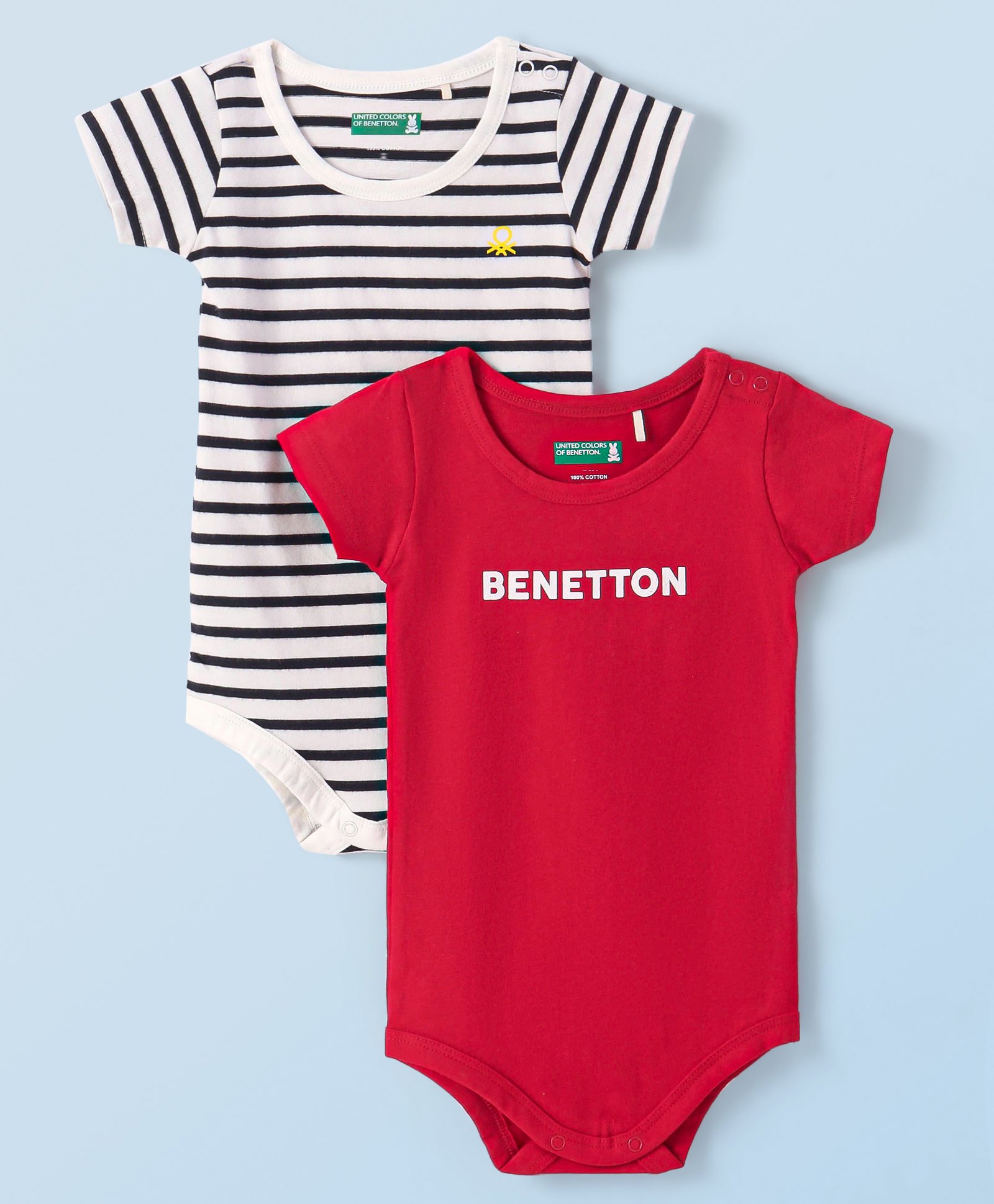 UCB Cotton Knit Half Sleeves Onesies Striped & Text Print Pack of 2 - Red & White-picture-40