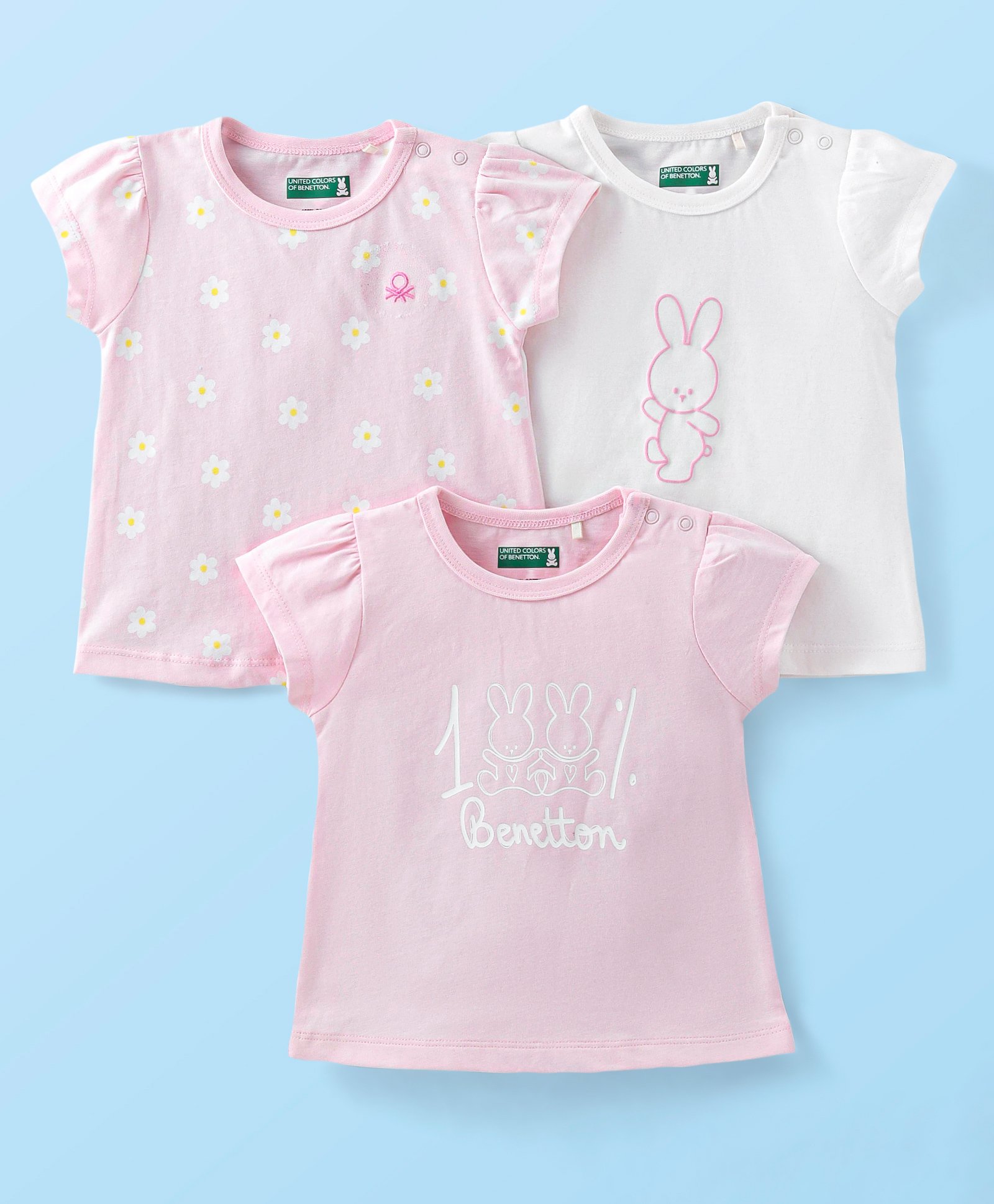 UCB Cotton Knit Half Sleeves T-Shirts with Floral & Bunny   Print Pack of 3 - Pink & White-picture-21