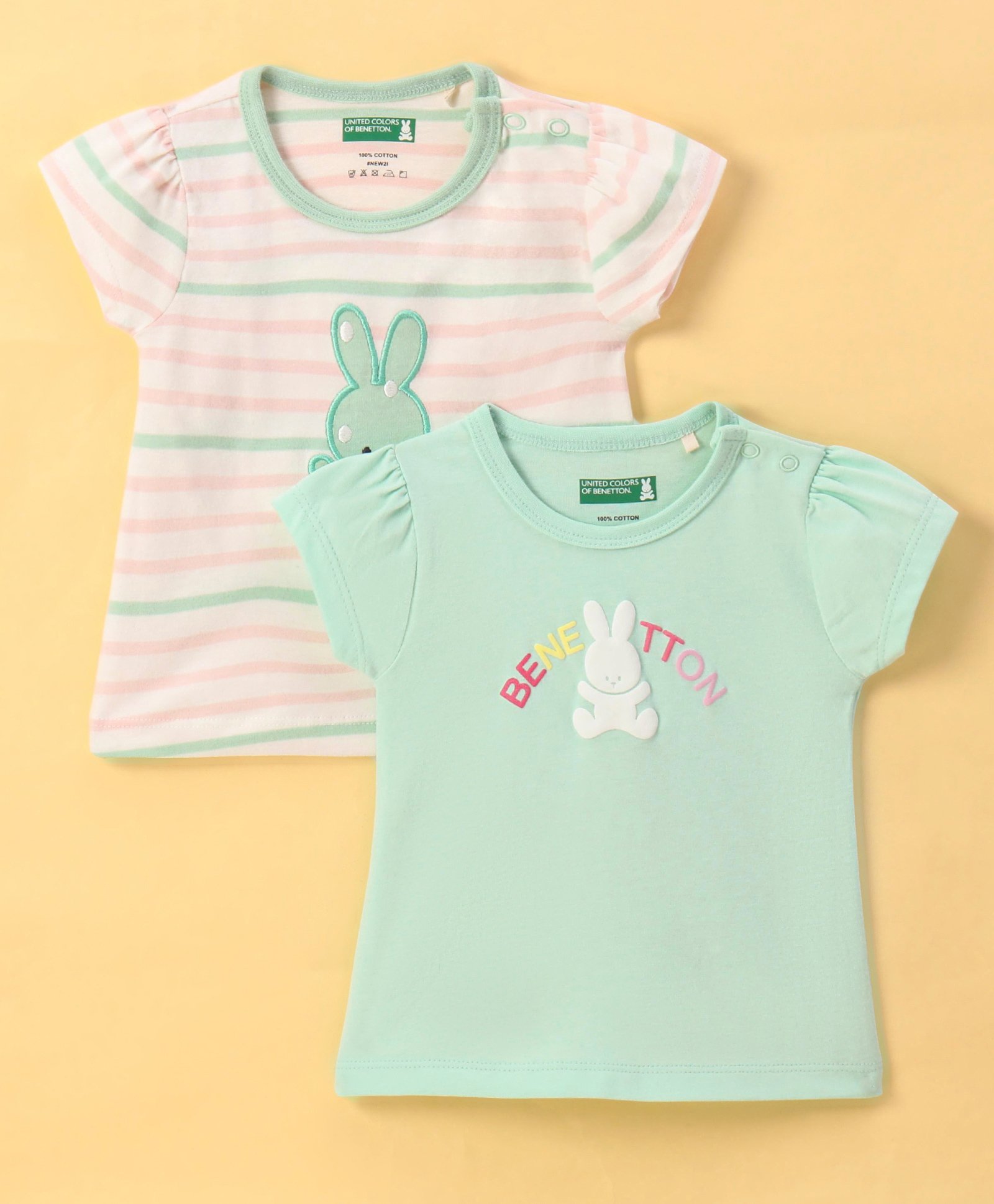UCB Cotton Knit Half Sleeves Striped Tops with Bunny   Print Pack of 2  - Green-picture-0