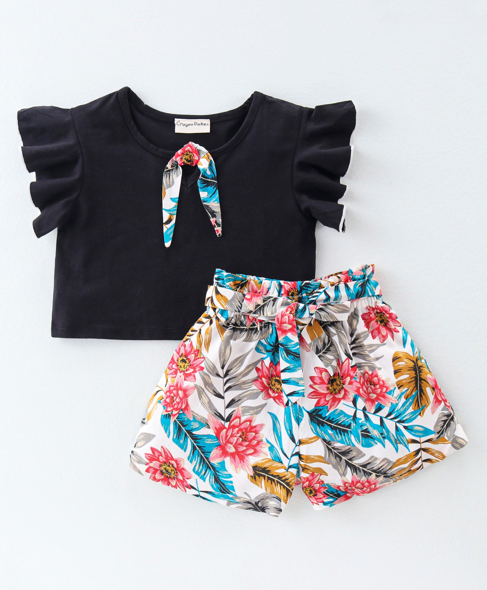 CrayonFlakes Cotton Frilled Sleeves Solid Top With Floral & Leaves Printed Shorts Set - Black-picture-21
