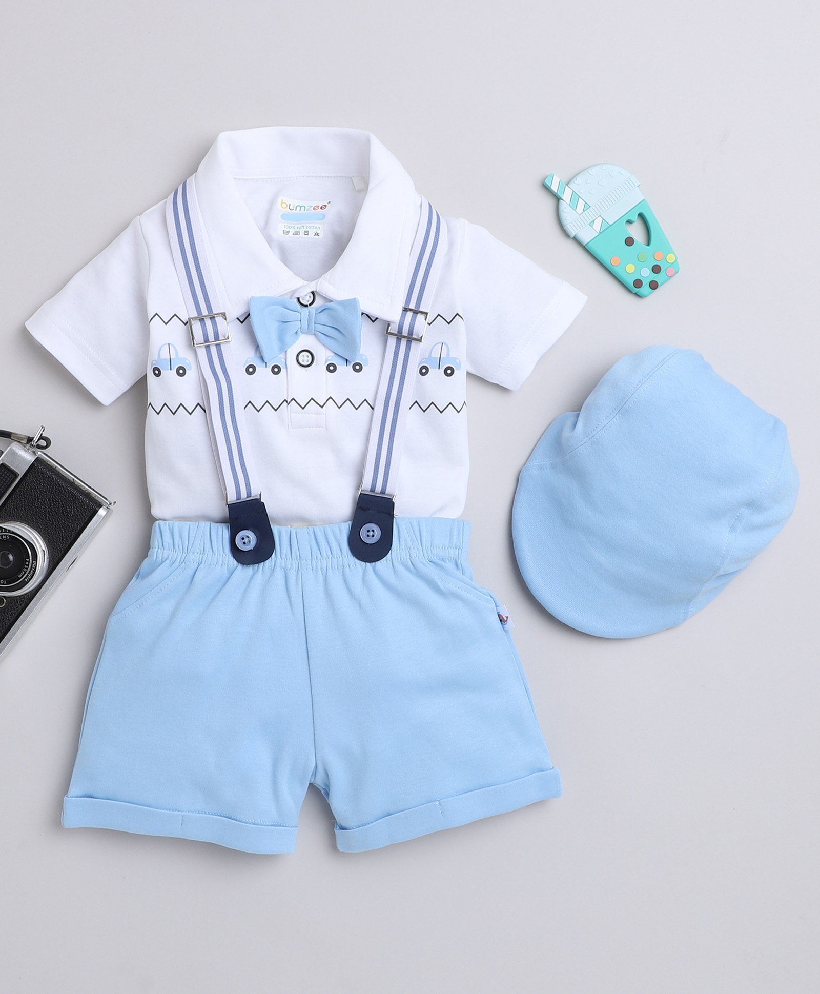 BUMZEE Half Sleeves Car Printed Onesie & Shorts With Cap Suspender - Sky Blue & White-image-35