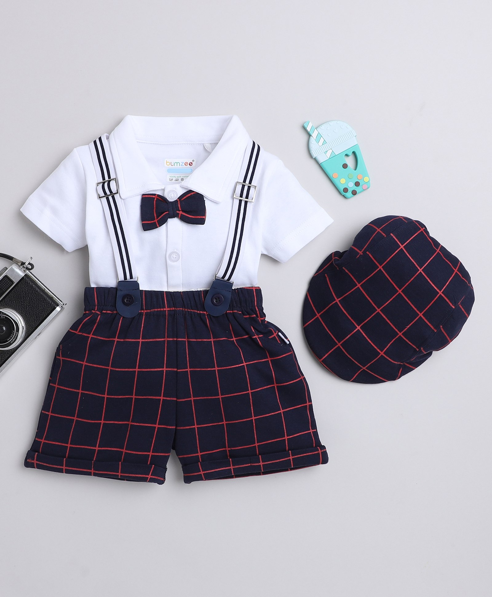 BUMZEE Half Sleeves Solid Tee With Checked Shorts & Suspender Cap - Navy Blue & White-picture-4