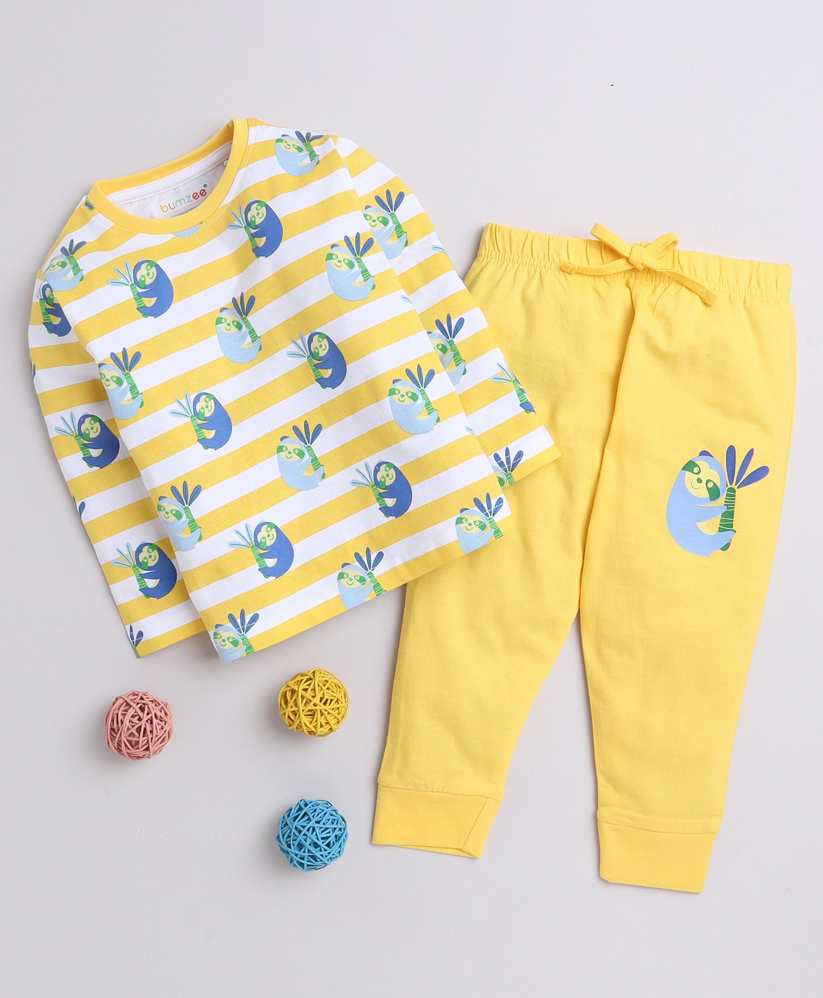 BUMZEE Cotton Knitted Full Sleeves Raccoon Printed Tee & Pajama Set - Yellow-image-12