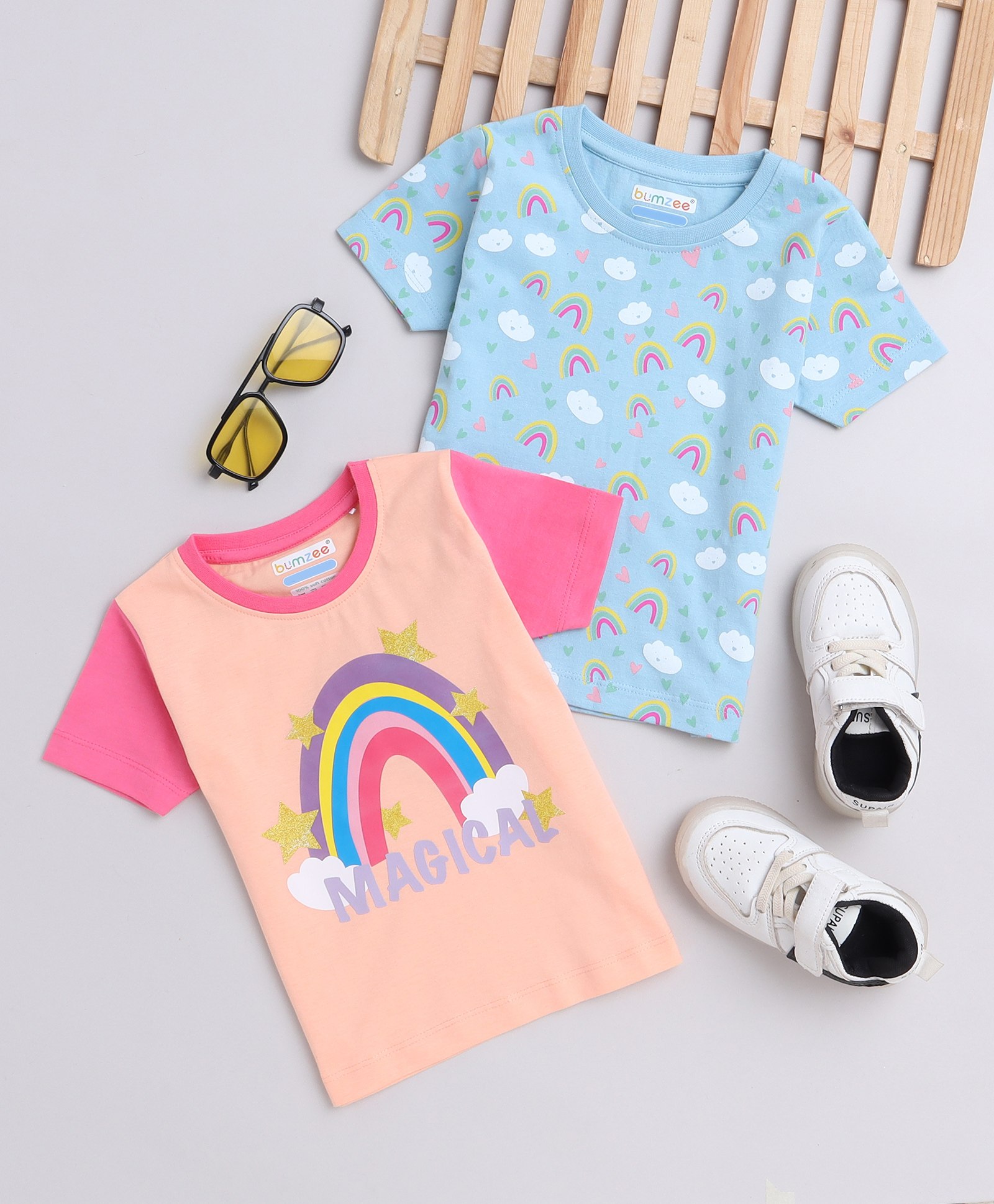 BUMZEE Pack Of 2 Half Sleeves Rainbow Printed Tees -Powder Blue & Peach-image-0