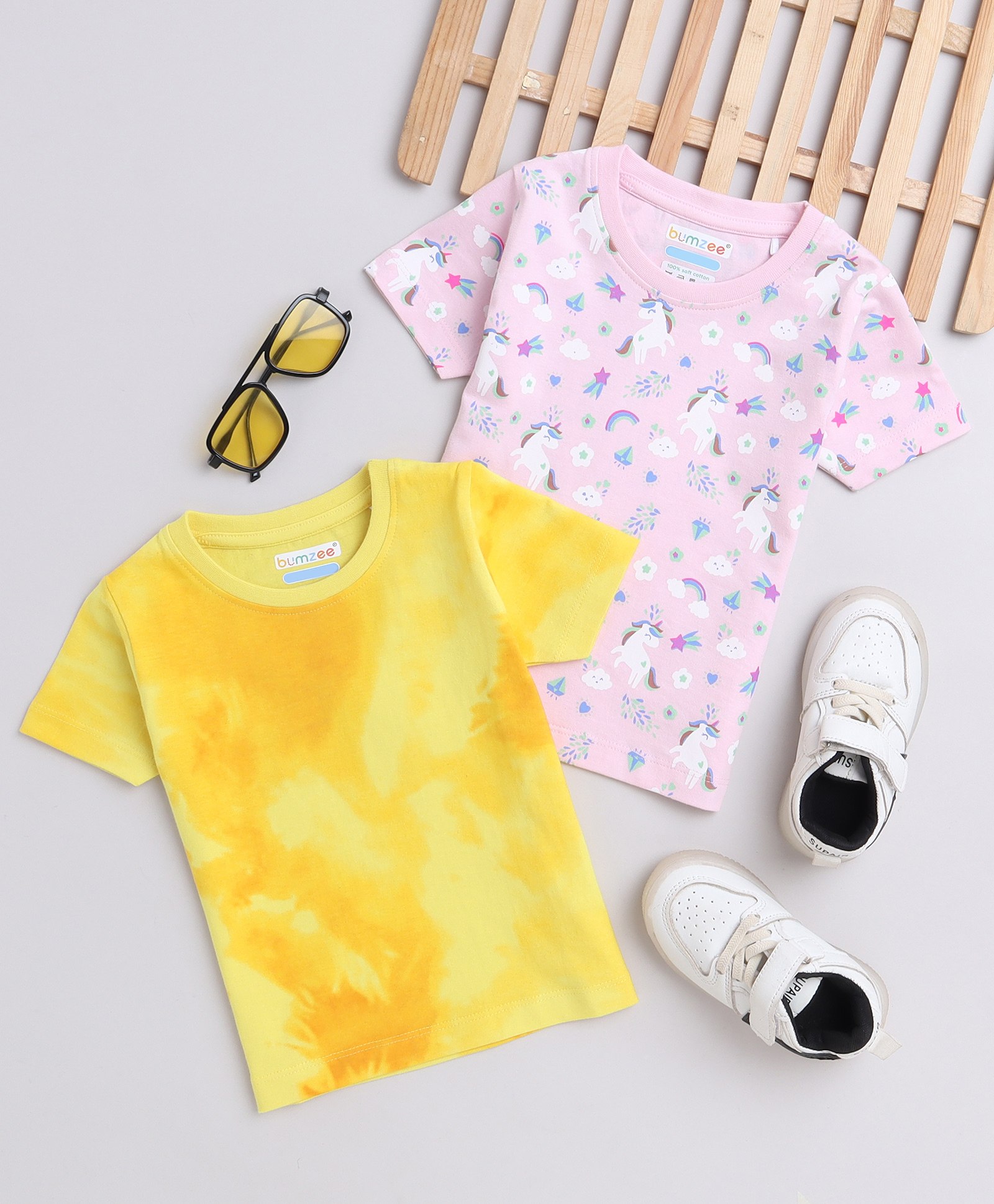 BUMZEE Pack Of 2 Half Sleeves Tie Dye & Unicorn Printed Tees - Pink & Yellow-picture-38