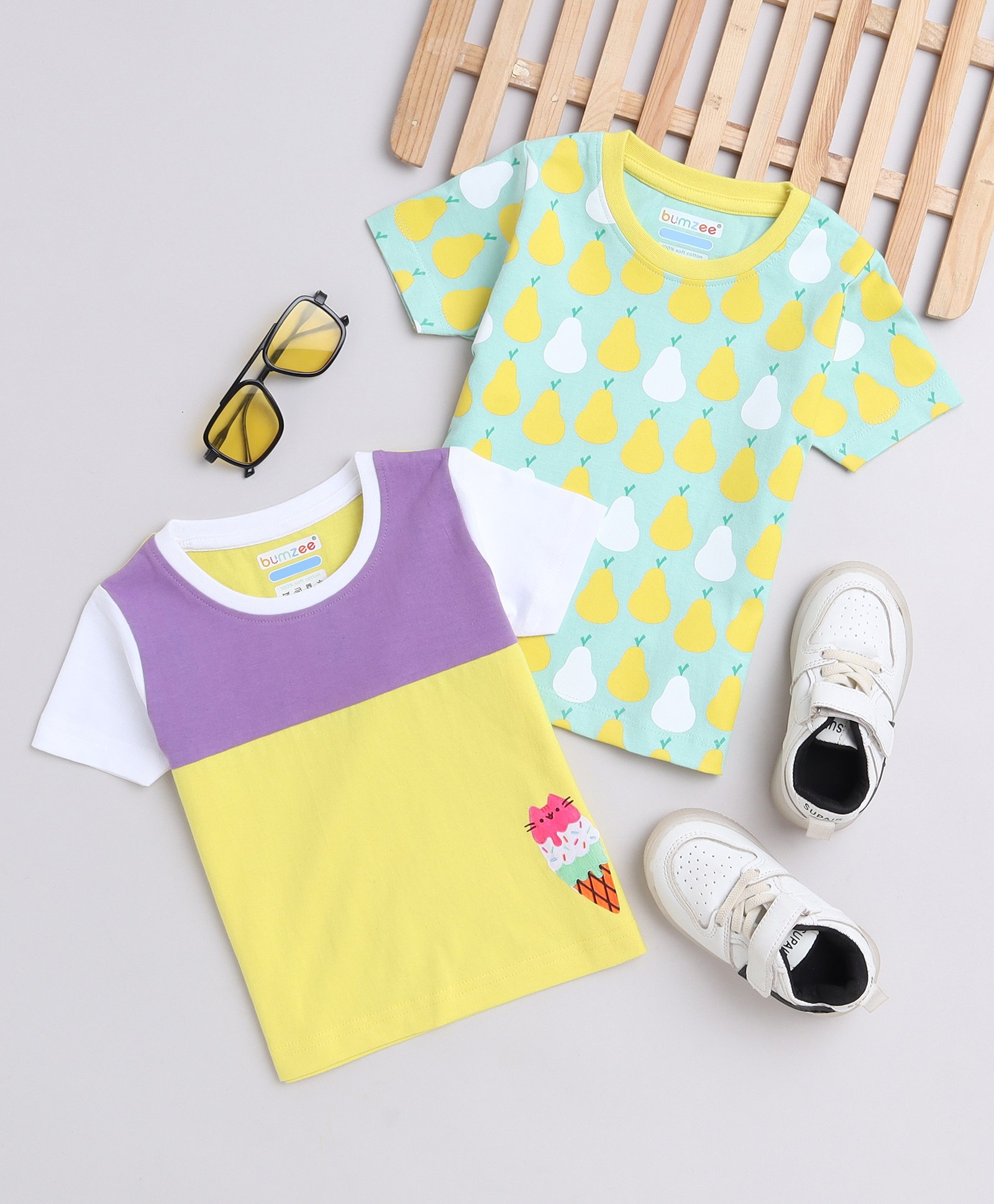 BUMZEE Pack Of 2 Half Sleeves Ice Cream & Fruit  Printed Tees - Mint Green & Yellow-picture-25