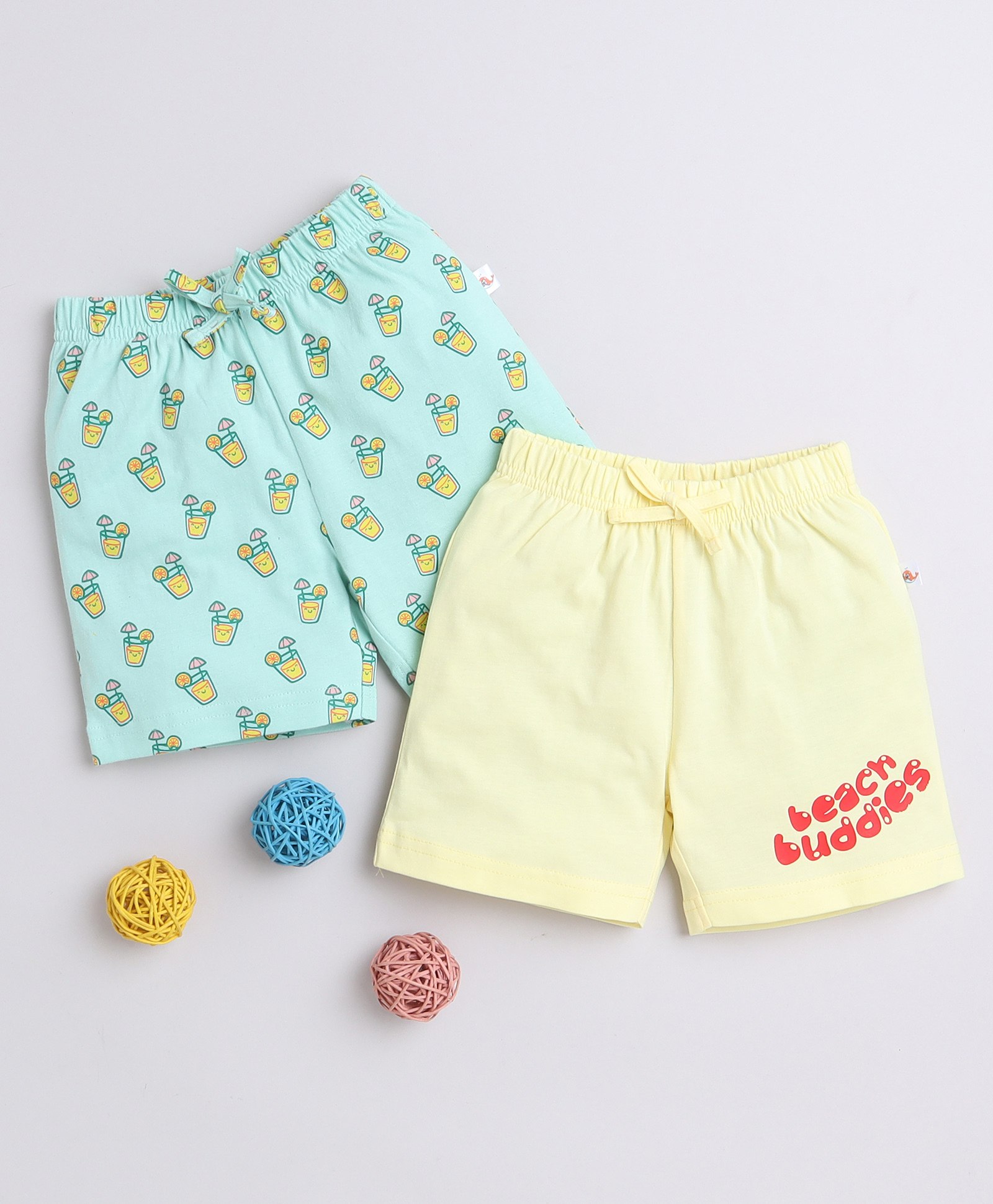 BUMZEE Pack Of 2 Juice Glass & Beach Buddies Text Printed Shorts - Mint Green & Yellow-picture-14