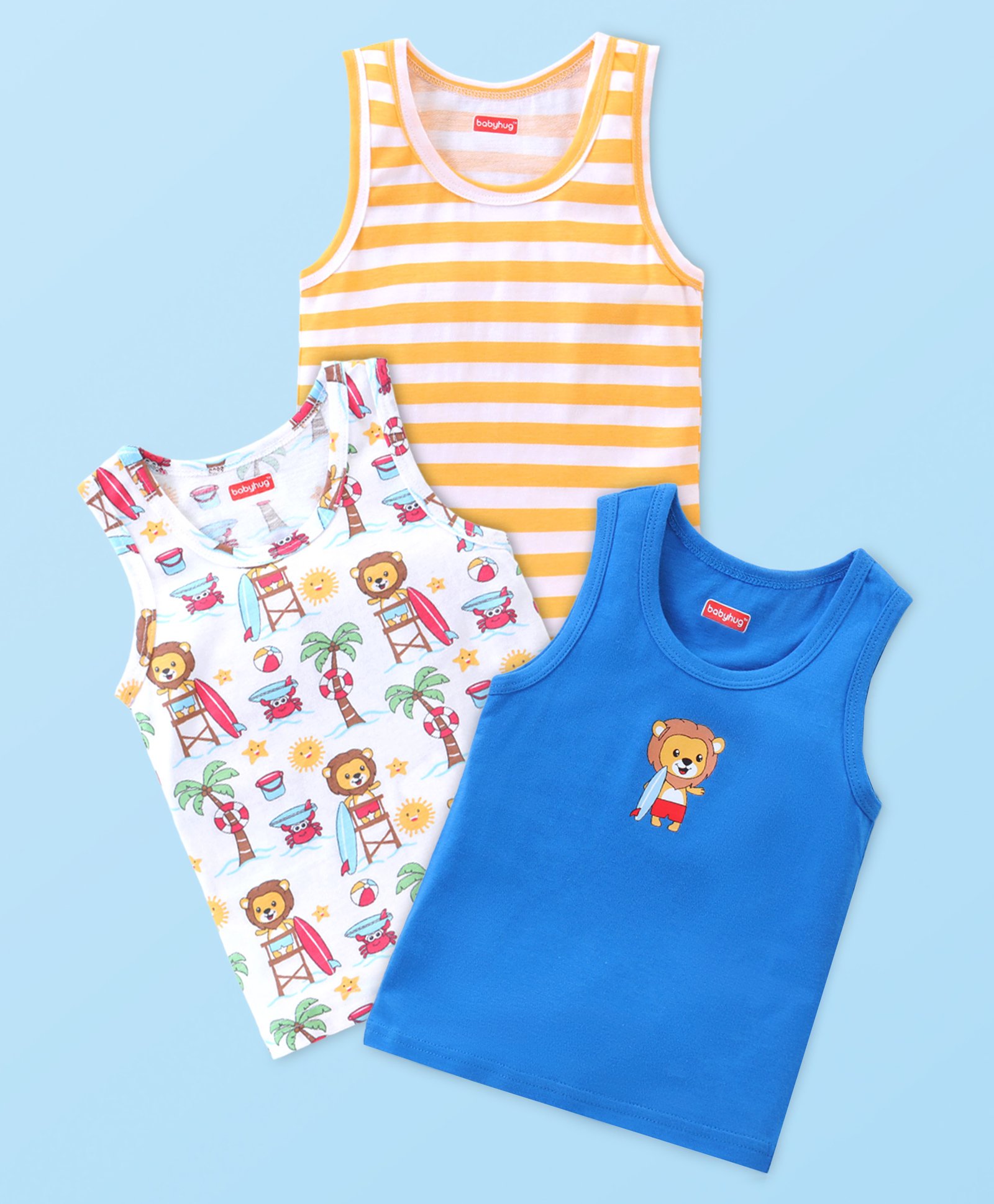 Babyhug 100% Cotton Sleeveless Sando Striped & Lion Print Pack of 3 - Multicolour-image-3