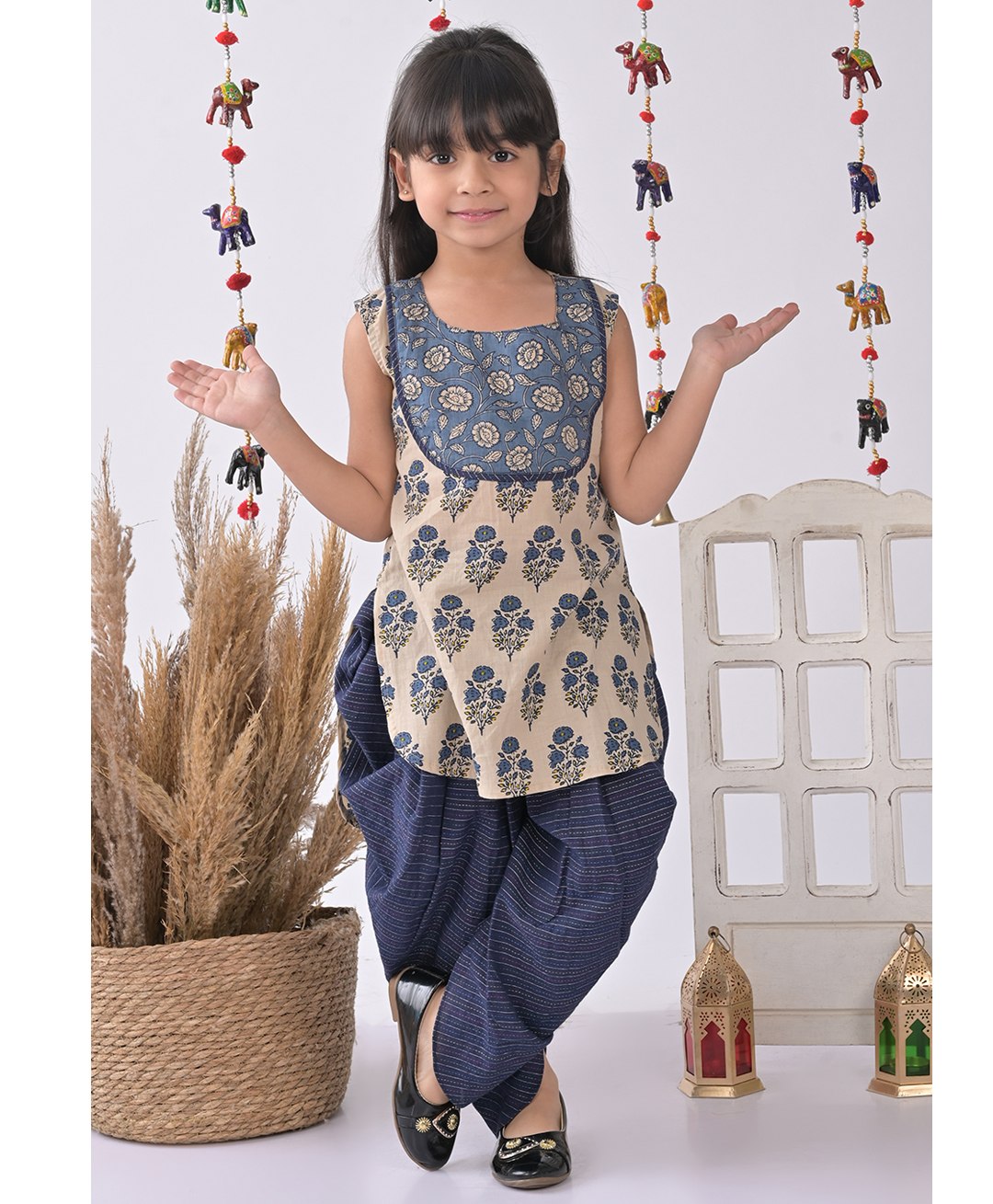 Kinder Kids Sleeveless Floral Printed Kurta With Striped Pattern Katha Dhoti - Blue & White-image-41