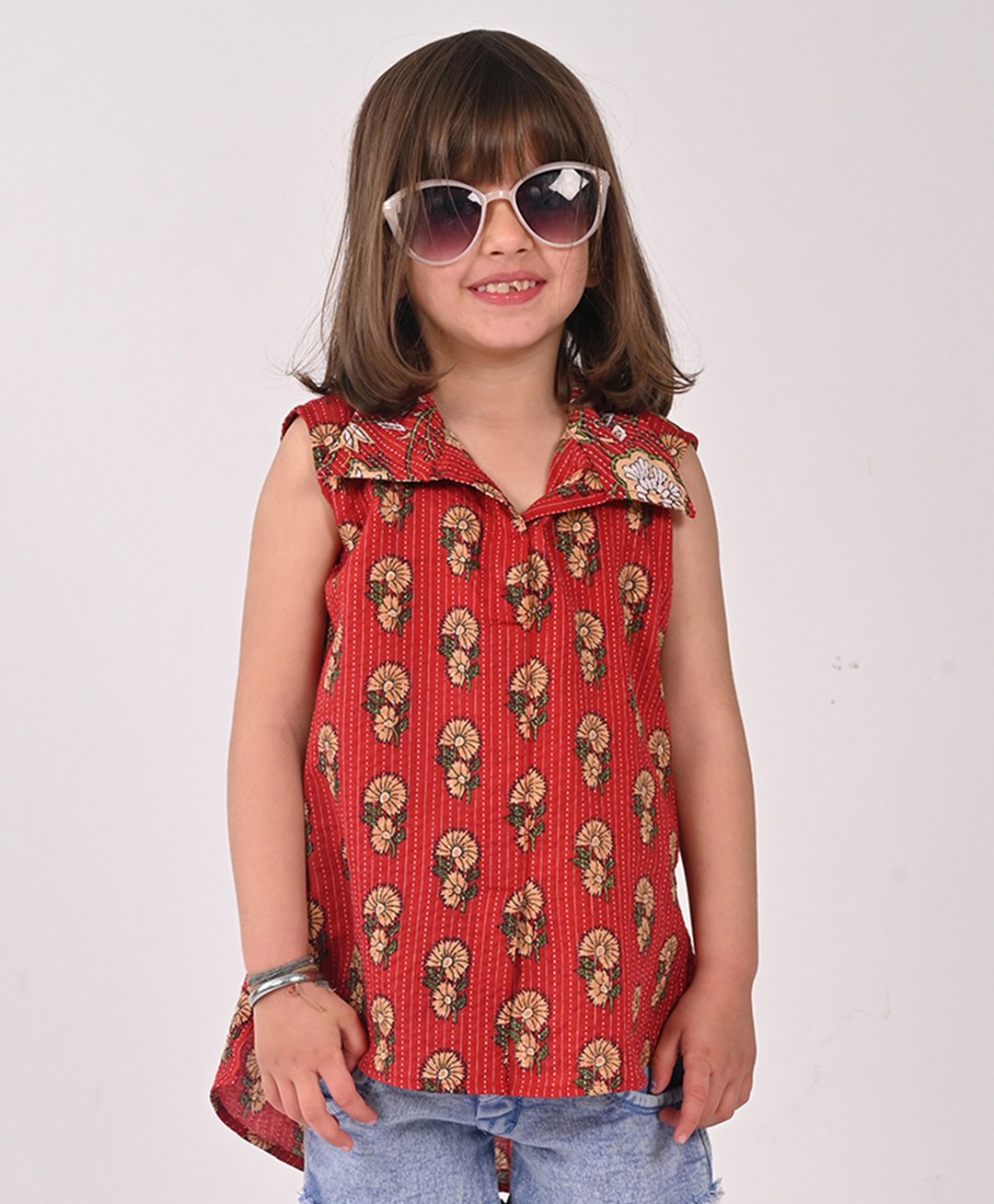 Kinder Kids Sleeveless Flower  Printed Shirt Style Top - Red-picture-28