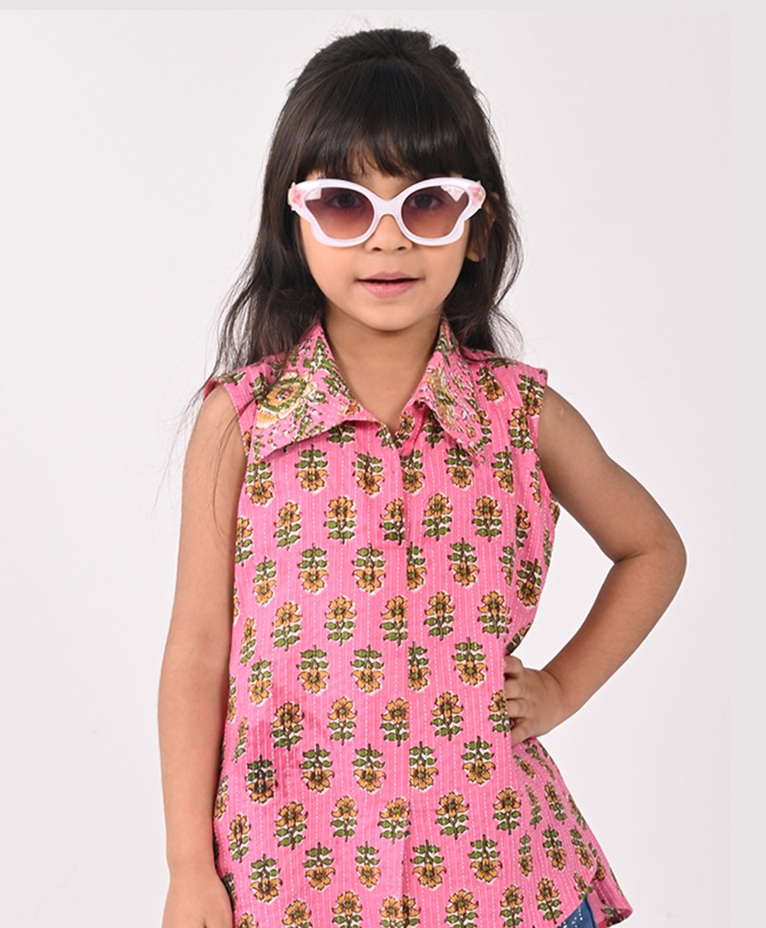 Kinder Kids Sleeveless Flower Printed Shirt Style Top - Pink-picture-28