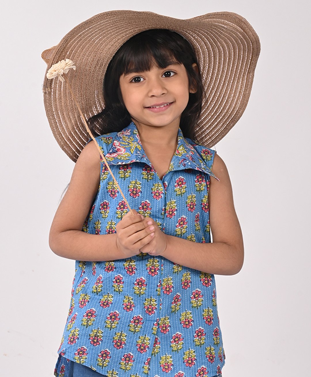 Kinder Kids Sleeveless Flower Printed Shirt Style Top - Blue-image-28