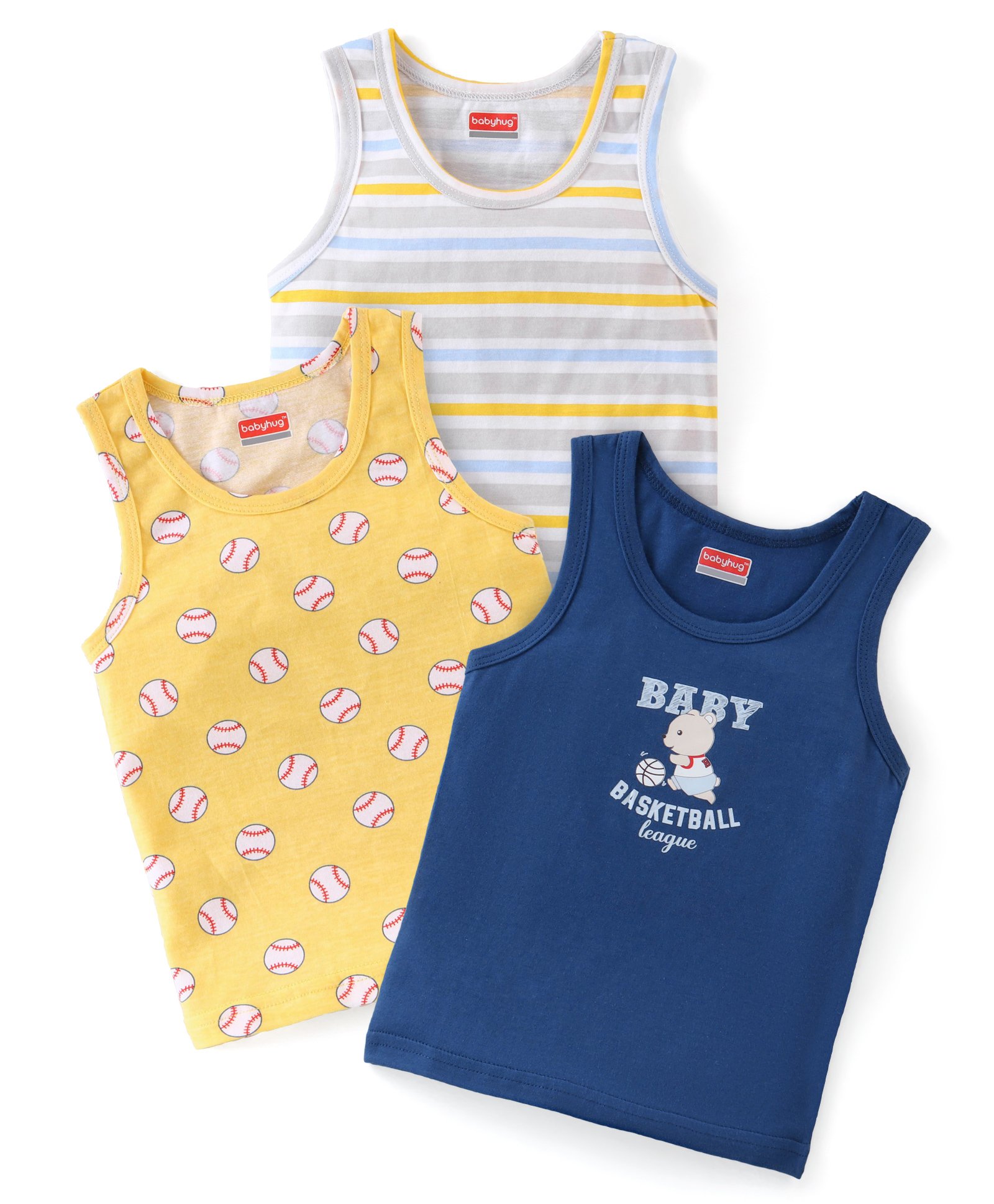 Babyhug 100% Cotton Single Jersey Sleeveless Vests Striped & Basketball Print Pack Of 3 - Multicolor-image-48