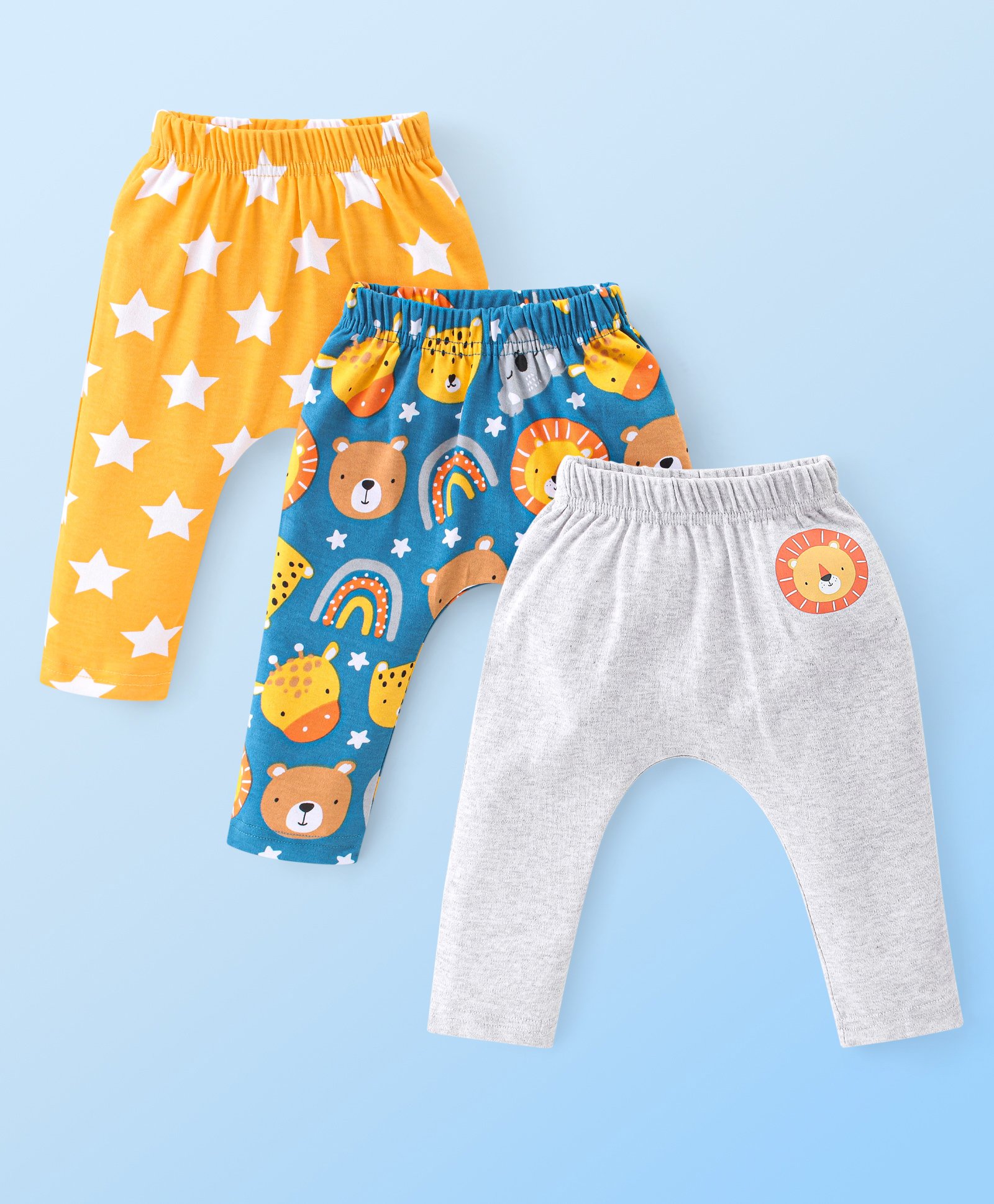 Babyhug Cotton Knit Interlock Diaper Legging With Animals & Star Print Pack Of 3 - Yellow Blue & Grey-image-45