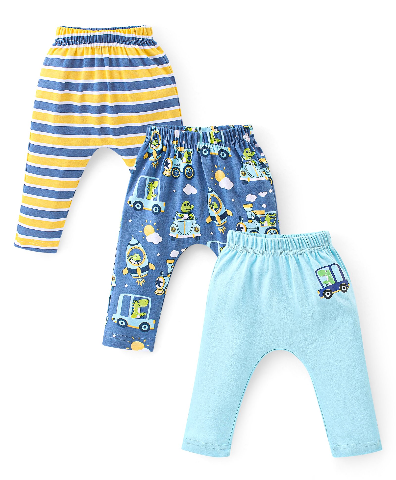 Babyhug Cotton Knit Interlock Full Length Diaper Leggings With Striped & Car Print Pack Of 3 - Yellow & Blue-picture-37