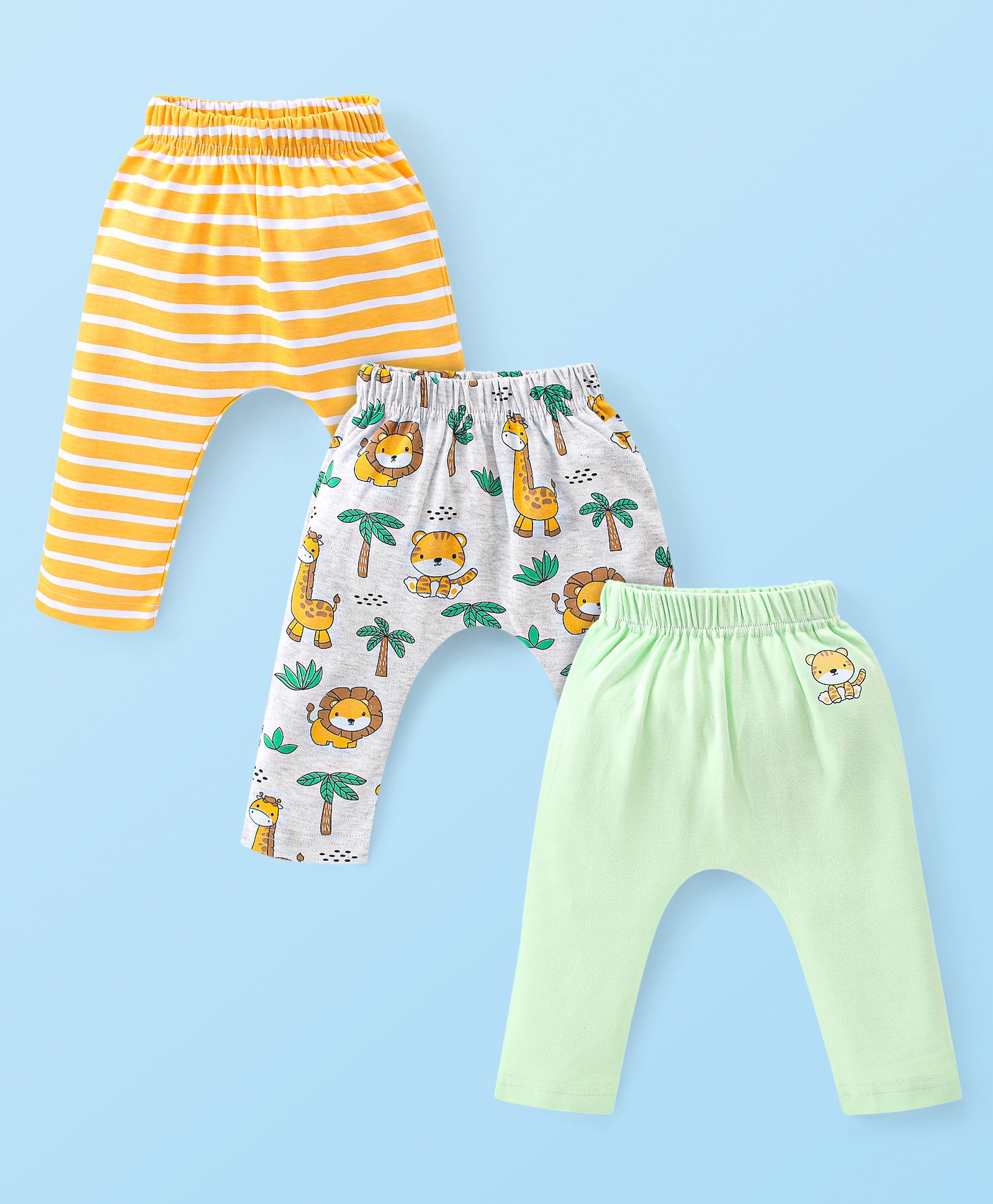 Babyhug Cotton Knit Interlock Full Length Diaper Leggings With Striped & Lion Print Pack Of 3 - Yellow Grey & Green-picture-36