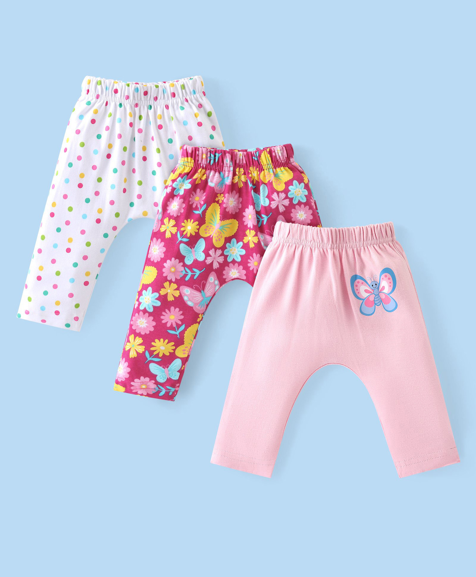 Babyhug Interlock Cotton Knit Full Length Diaper Pants Pack of 3 Floral & Butterfly Print- Multicolour-picture-30