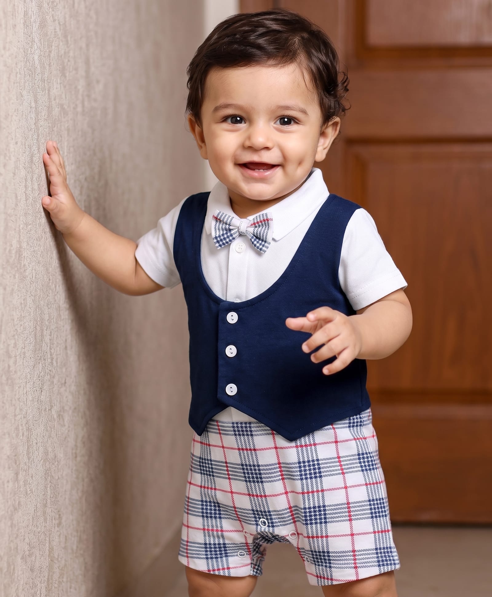 Babyhug Interlock 100% Cotton Knit Checkered Romper with Bow Applique - Navy Blue-image-7