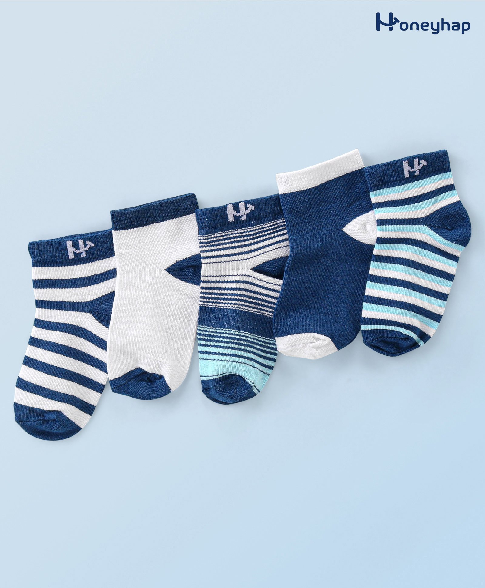 Honeyhap Premium Cotton Bamboo Ankle Length Striped Set Of Socks With Bio Finish Pack Of 5 - Bright White Blue Elixir & Limoges-image-23
