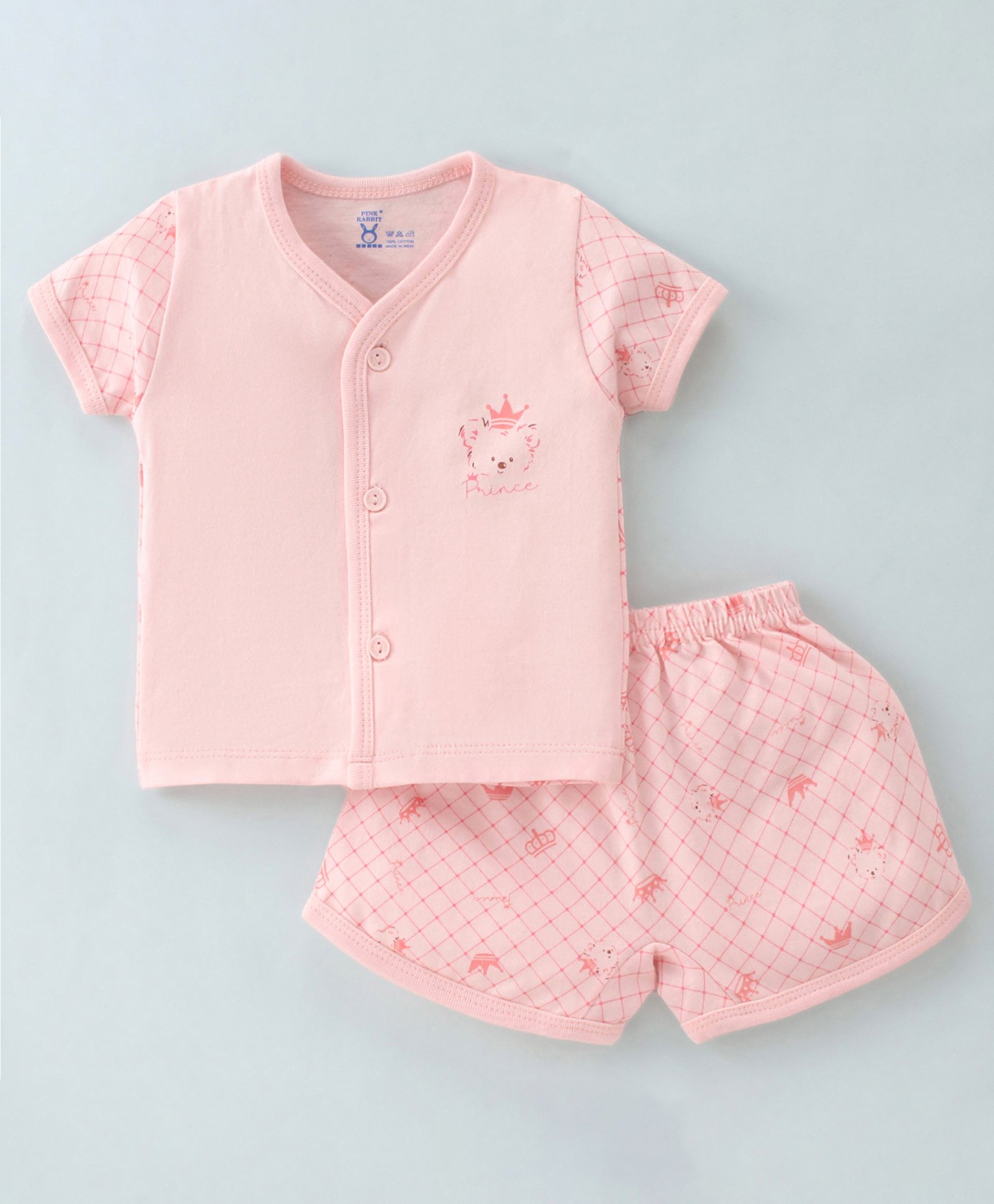 Pink Rabbit Single Jersey Knit Half Sleeves Night Suit Checkered & Teddy  Print - Peach-image-37