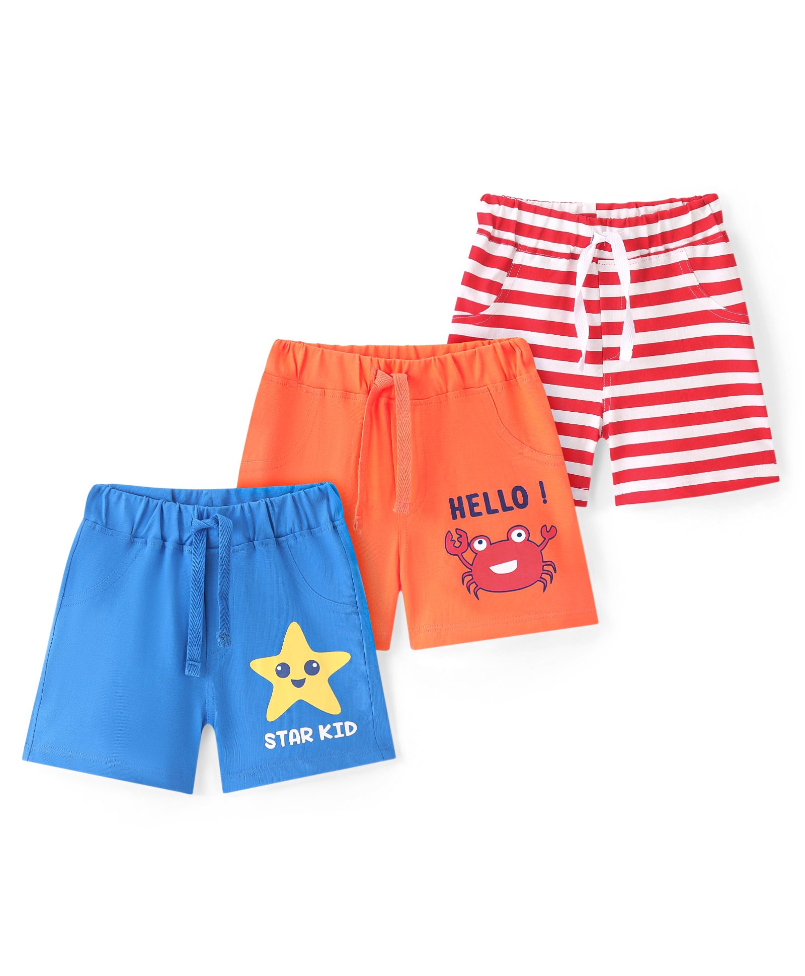 Doodle Poodle 100% Cotton Knit Above Knee Length Striped Shorts Pack of 3 -Blue Orange & Red-picture-27