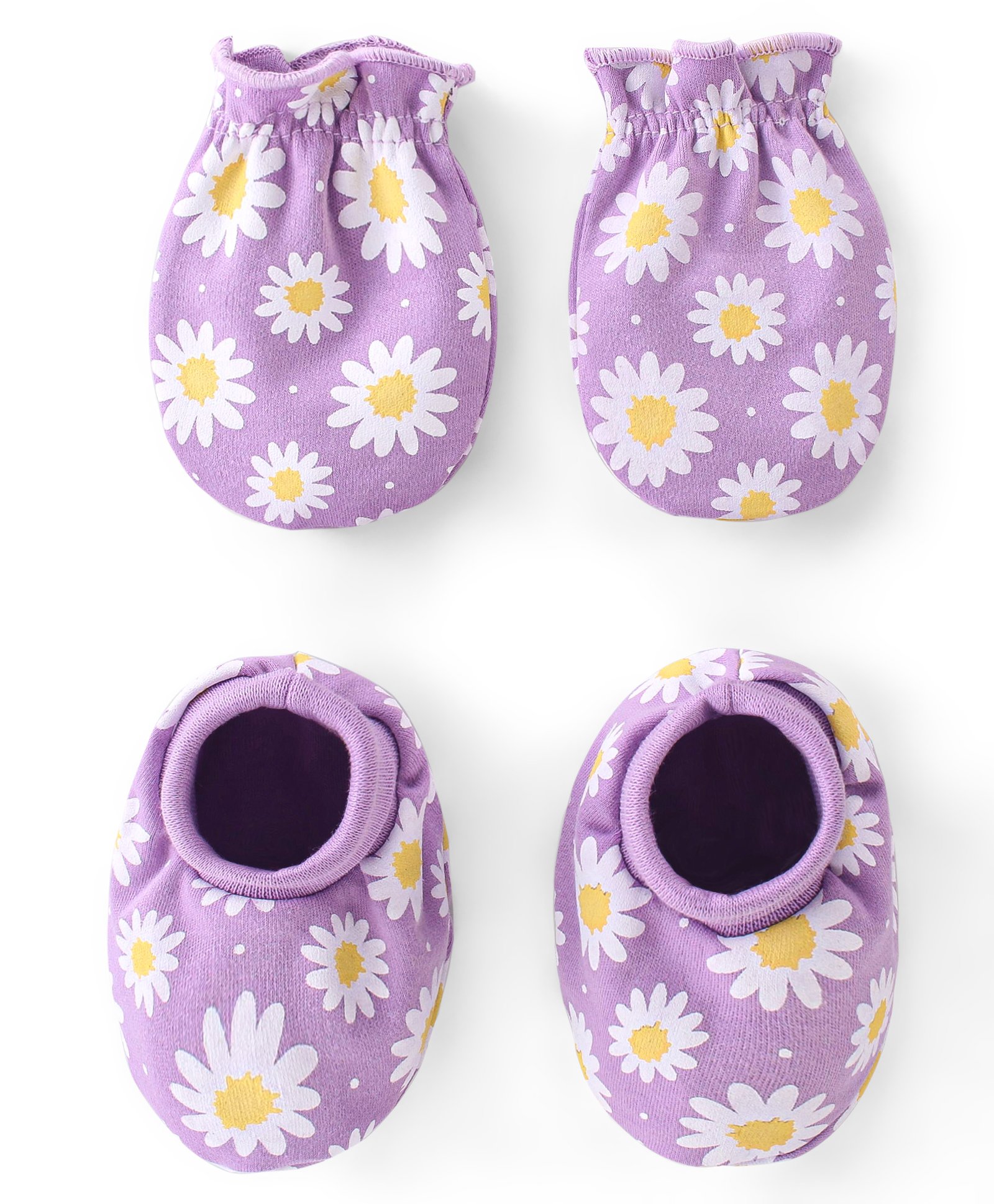 babyhug 100% cotton knit mittens & booties set floral print - purple