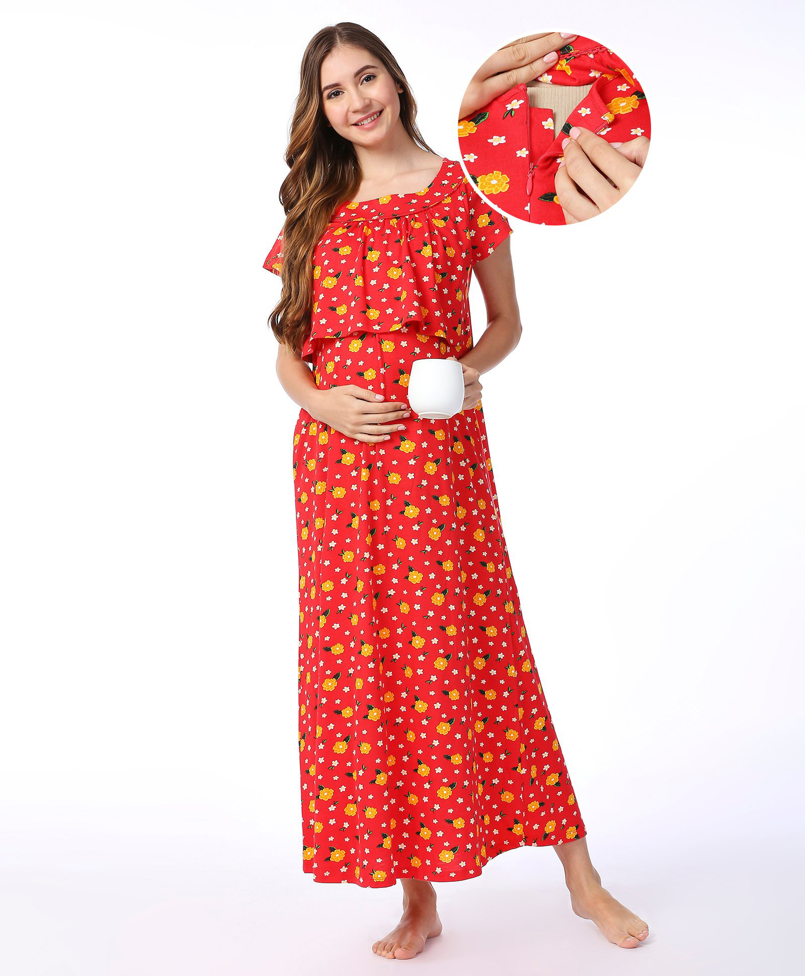 Bella Mama Cotton Knit Half Sleeves Concealed Zipper Nursing Nighty with Pockets Floral Print - Red-picture-43