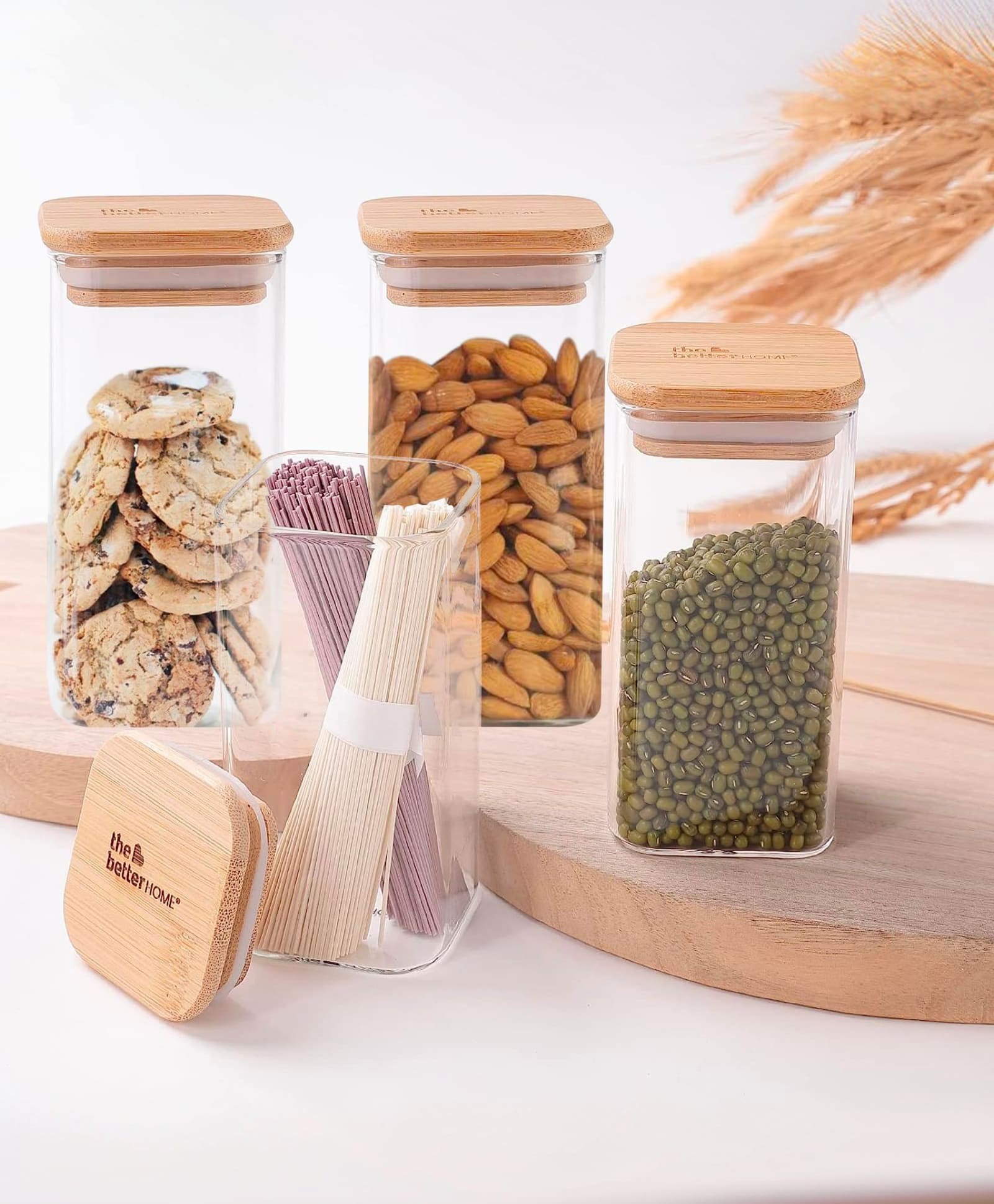 The Better Home Rectangular Glass Jars - Kitchen Storage 4-Pack (300ml) - Air Tight Containers with Lids-image-4