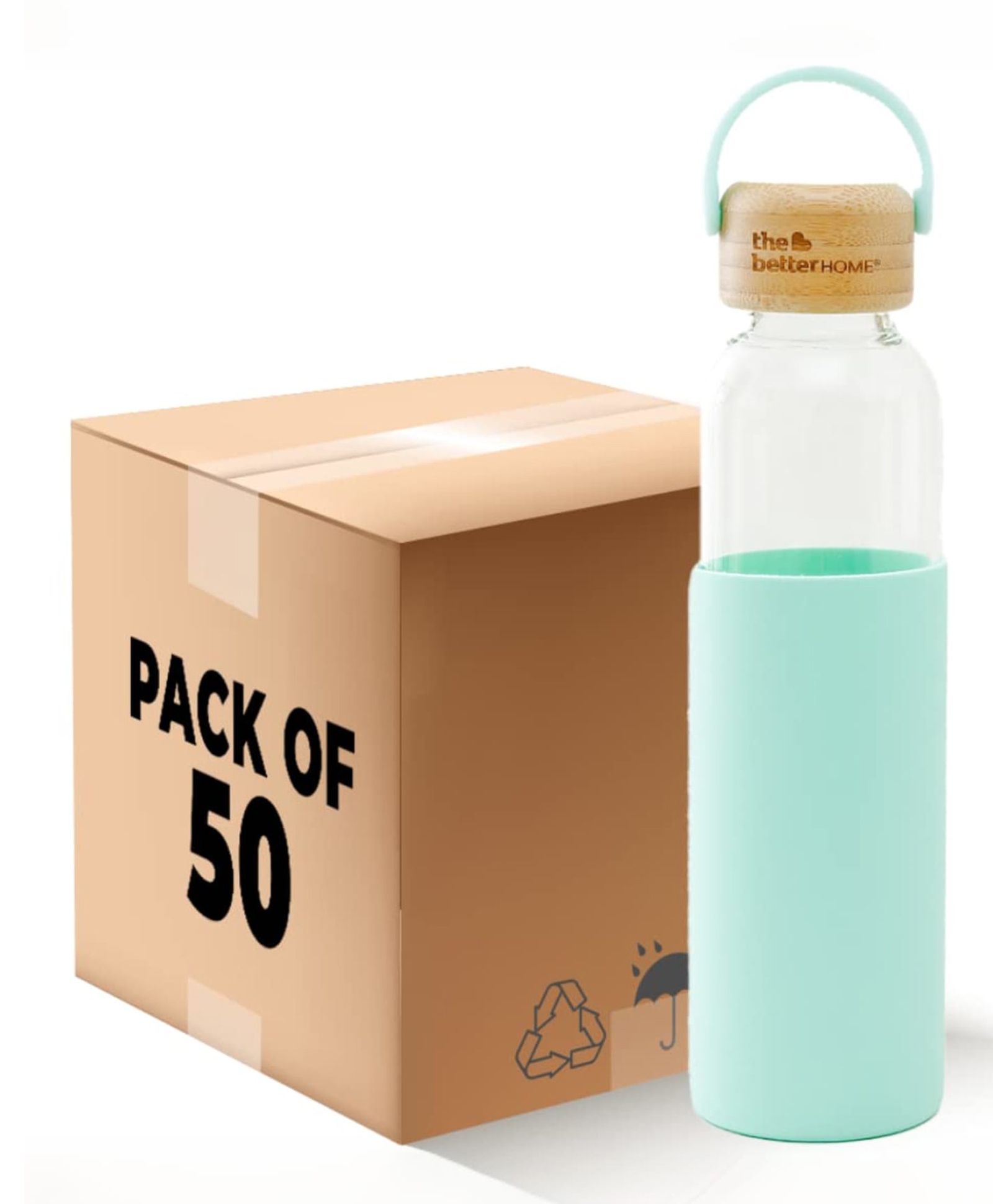 The Better Home Borosilicate Glass Water Bottle with Sleeve (500ml) | Non Slip Silicon Sleeve & Bamboo Lid | Fridge Water Bottles for Men, Women & Kids | Water Bottles for Fridge | Green (Pack of 50)-picture-1