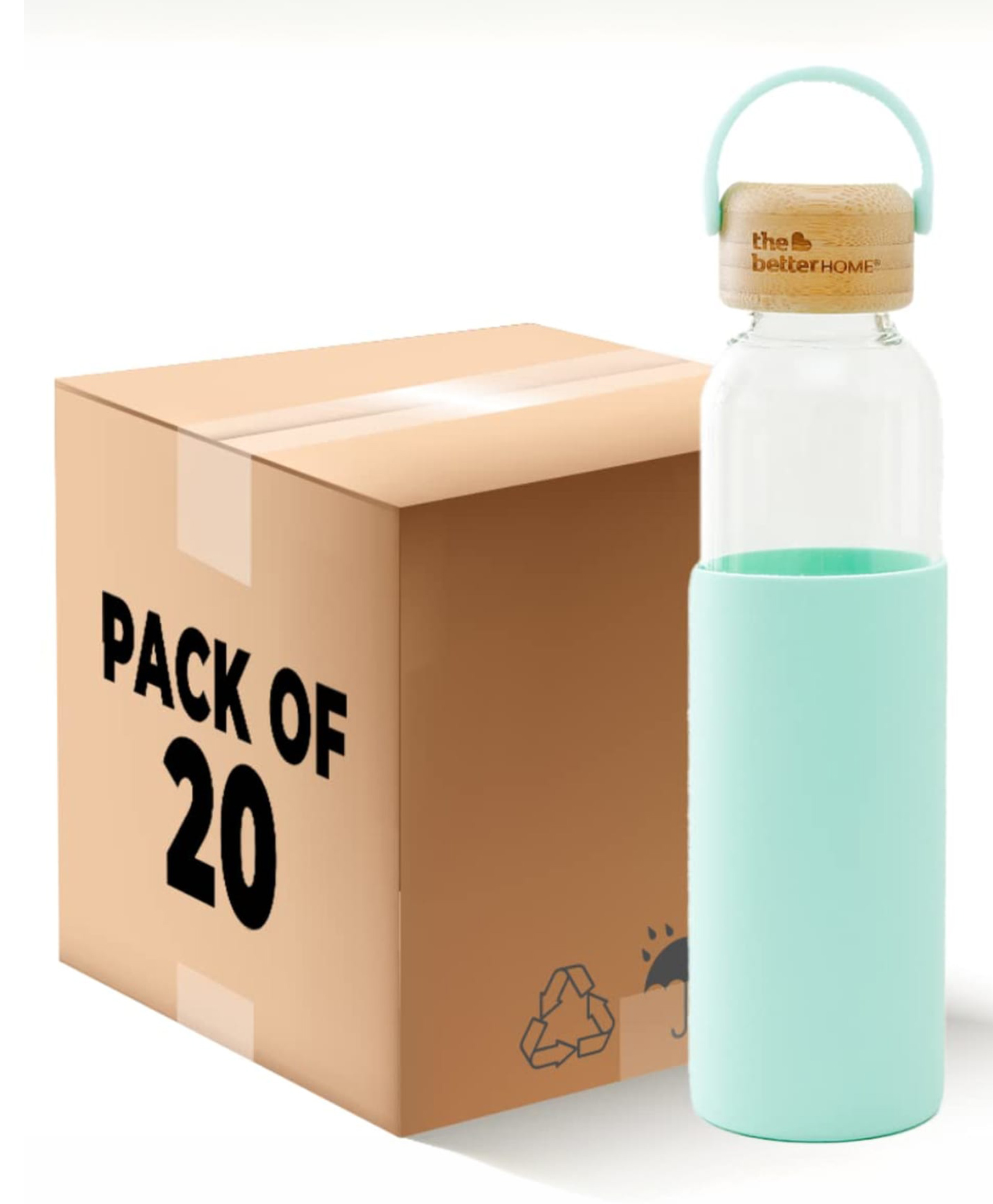 The Better Home Borosilicate Glass Water Bottle with Sleeve (500ml) | Non Slip Silicon Sleeve & Bamboo Lid | Fridge Water Bottles for Men, Women & Kids | Water Bottles for Fridge | Green (Pack of 20)-picture-6