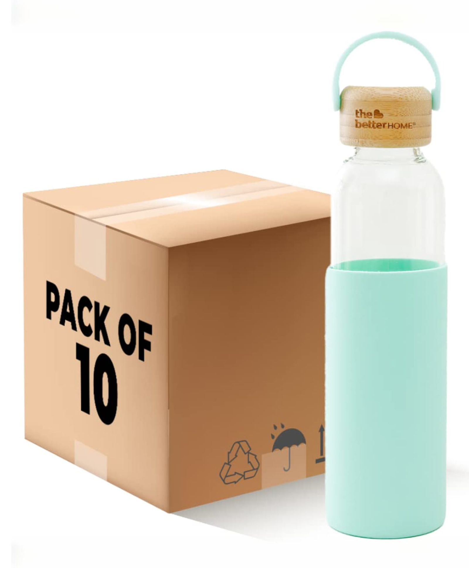 The Better Home Borosilicate Glass Water Bottle with Sleeve (500ml) | Non Slip Silicon Sleeve & Bamboo Lid | Fridge Water Bottles for Men, Women & Kids | Water Bottles for Fridge | Green (Pack of 10)-picture-4