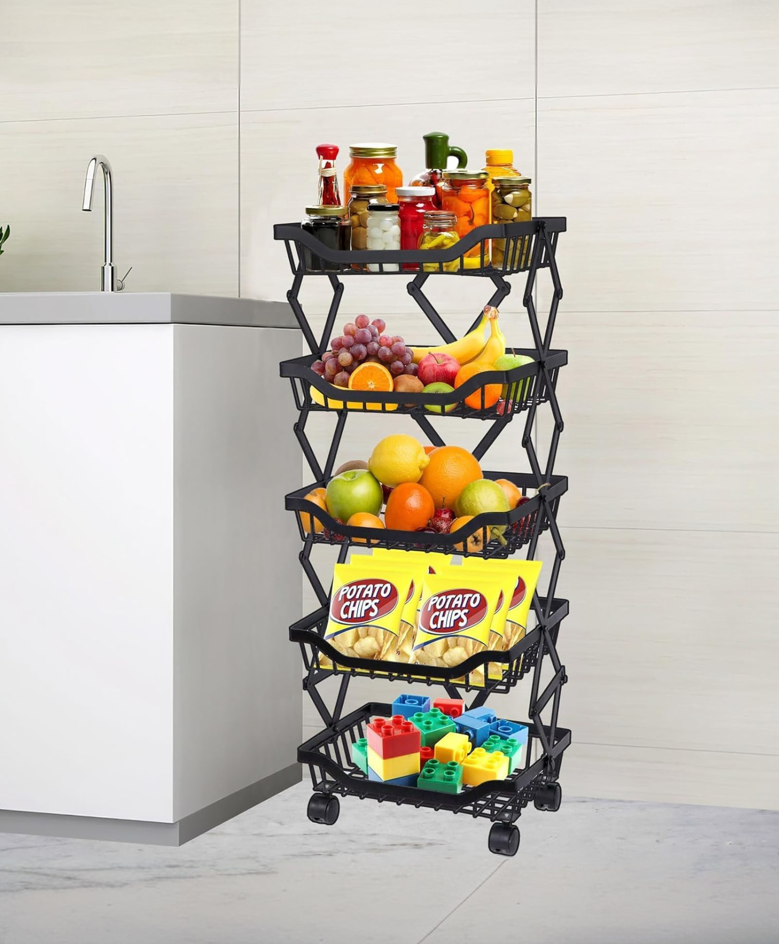 The Better Home Collapsible storage baskets Black | Stackable Kitchen Basket For Storage | Carbon Steel Collapsible Foldable Basket For Fruits And Vegetables | Rust-Resistant | Unbreakable (5 layer)-image-38