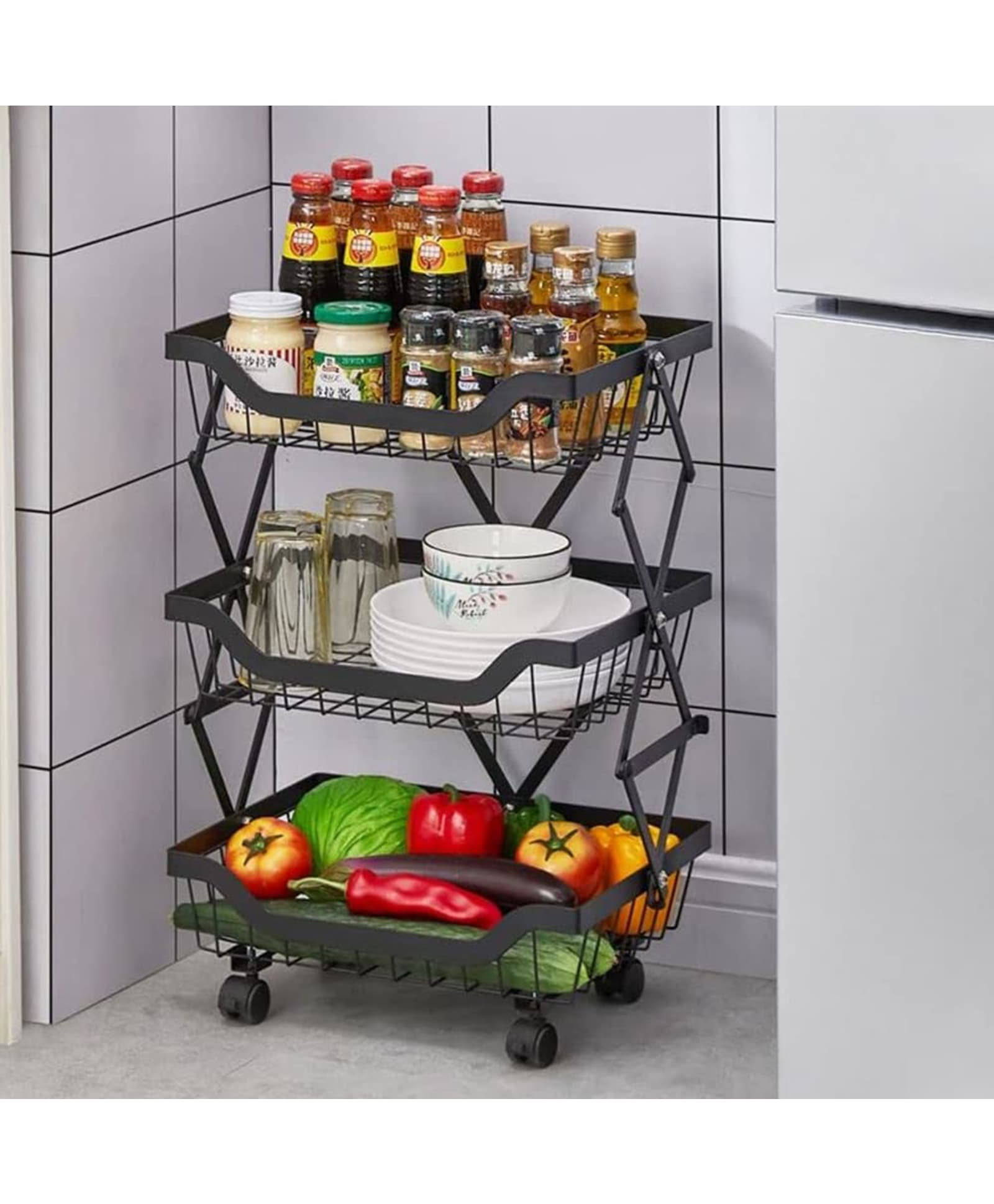 The Better Home Collapsible storage baskets Black | Stackable Kitchen Basket For Storage | Carbon Steel Collapsible Foldable Basket For Fruits And Vegetables | Rust-Resistant | Unbreakable (3 layer)-image-39