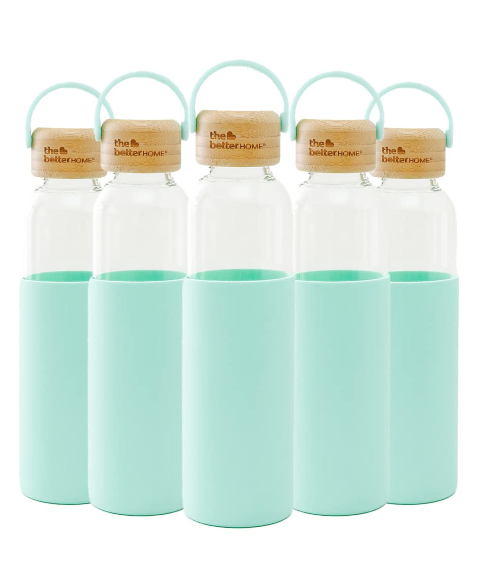The Better Home Borosilicate Glass Water Bottle with Sleeve (500ml) | Non Slip Silicon Sleeve & Bamboo Lid | Fridge Water Bottles for Men, Women & Kids | Water Bottles for Fridge | Green (Pack of 5)-picture-49