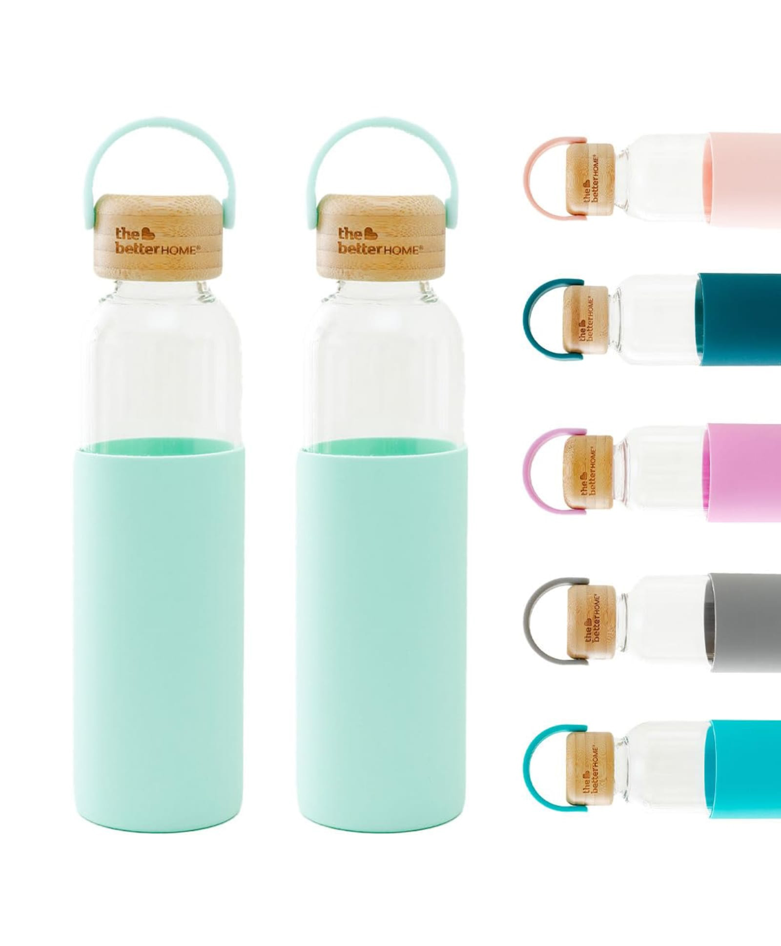Better Home Glass Water Bottle (500ml) | Non-Slip Sleeve & Bamboo Lid | Fridge Bottles (Green) | 2 Pack-image-30