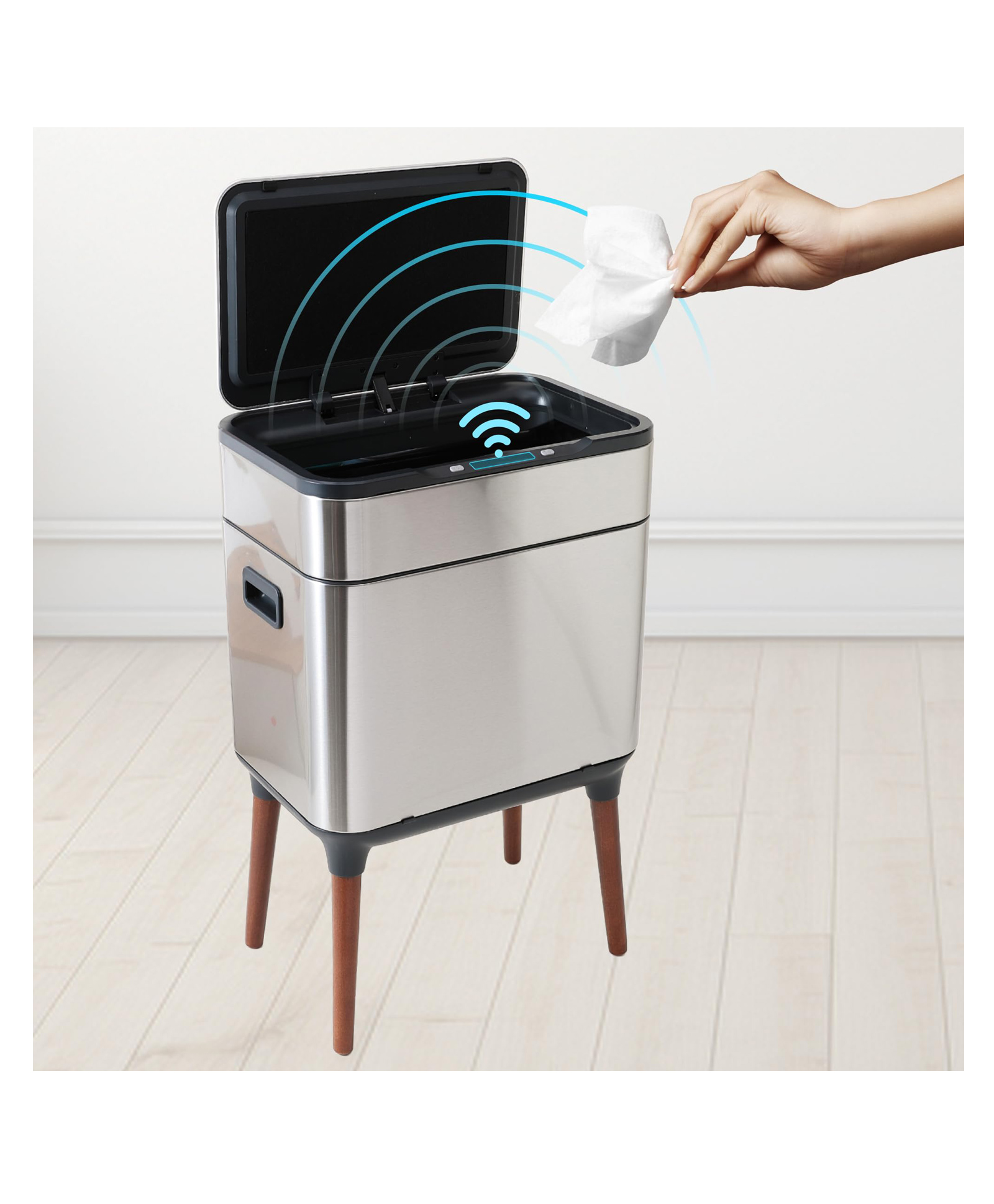 FUMATO Smart Dustbin Wooden Legs | Dual Compartment Sensor | Stainless Steel for Kitchen Bathroom (100 characters)-image-1