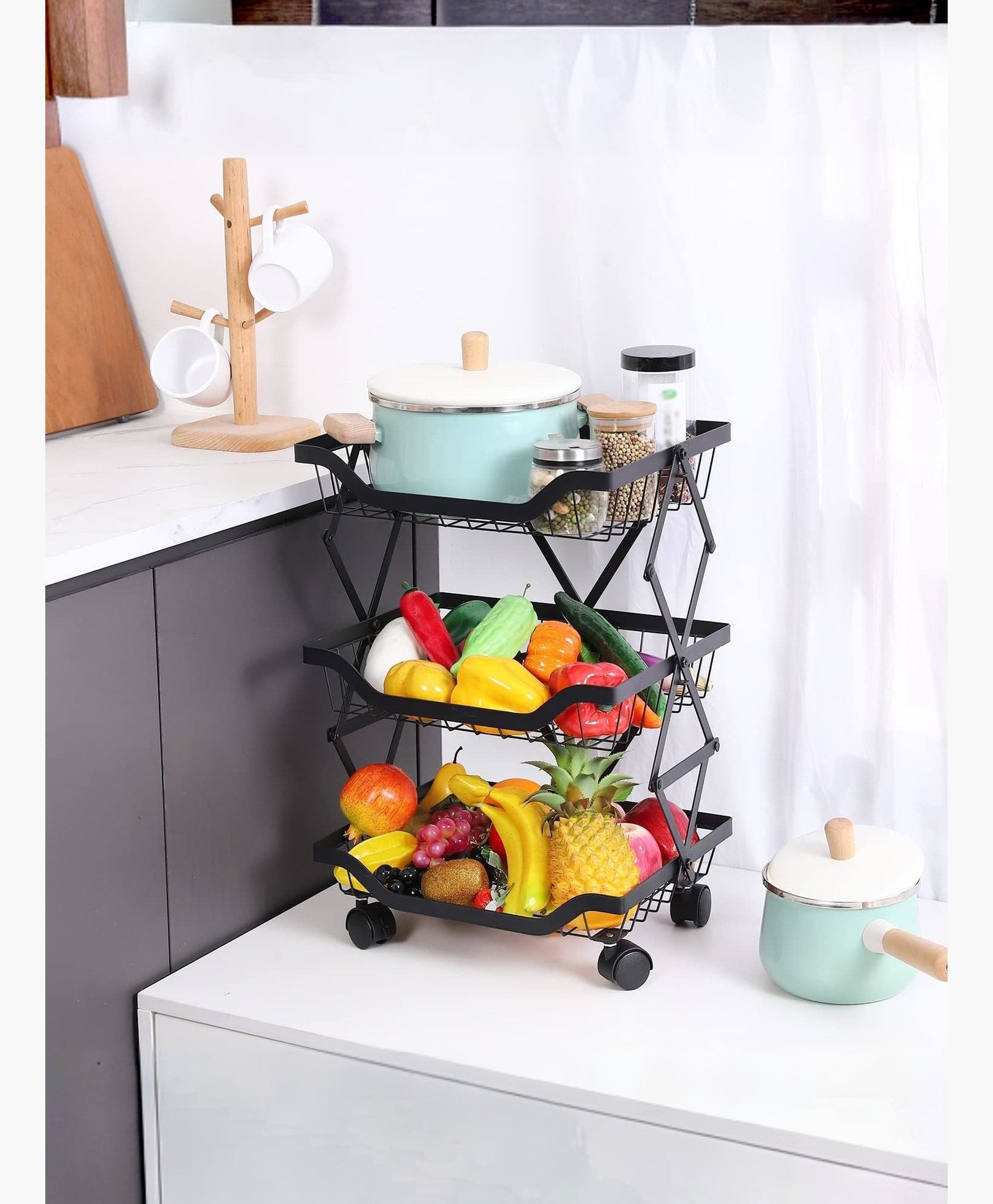 UMAI Collapsible Storage Baskets - Stackable Kitchen Basket (3 layer) | Carbon Steel Foldable & Rust-Resistant-image-5