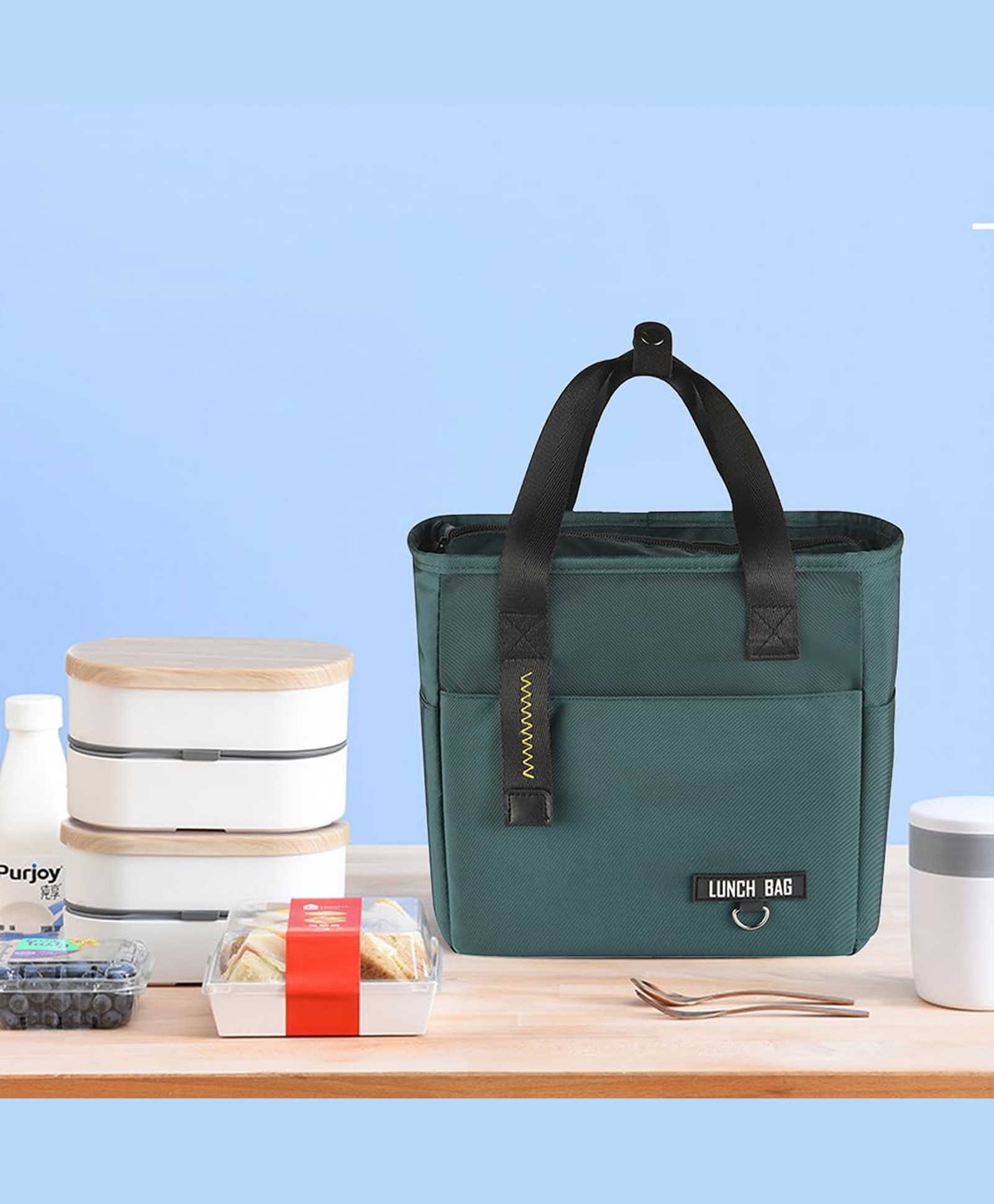 UMAI Insulated Lunch Bag for Kids, Women & Men, Ideal Tote Tiffin Bag for Office/School/Camping/Gym-Lightweight, Durable Handle, Large Capacity, Multifunctional Pockets, Easy to Clean (Green)-picture-11