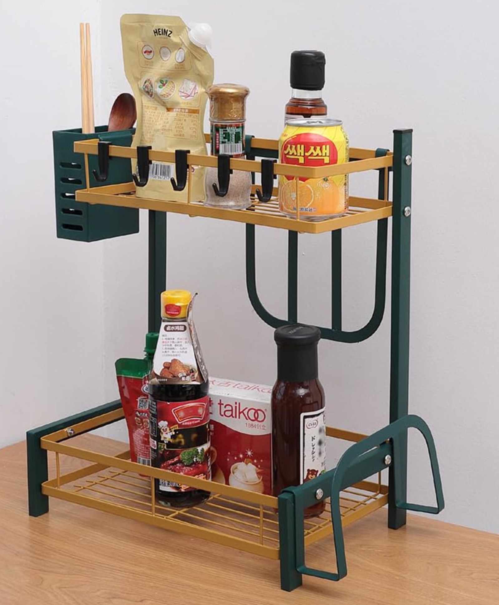 The Better Home Trapezoidal Seasoning Rack | Stackable Kitchen Basket For Storage | Carbon Steel Collapsible Foldable Basket For Fruits And Vegetables | Rust-Resistant (Green Gold - Design 2)-picture-29
