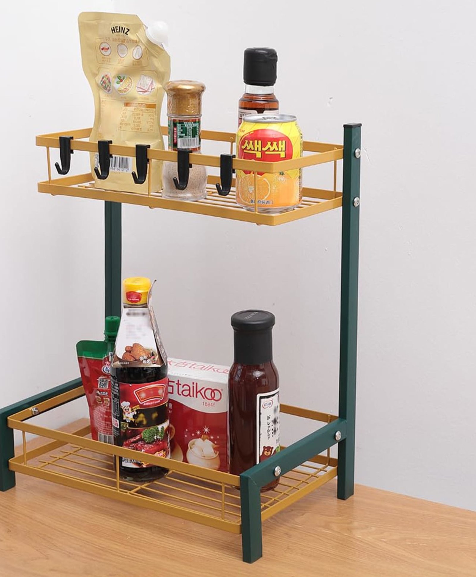 The Better Home Trapezoidal Seasoning Rack | Stackable Kitchen Basket For Storage | Carbon Steel Collapsible Foldable Basket For Fruits And Vegetables | Rust-Resistant (Green Gold - Design 1)-image-11
