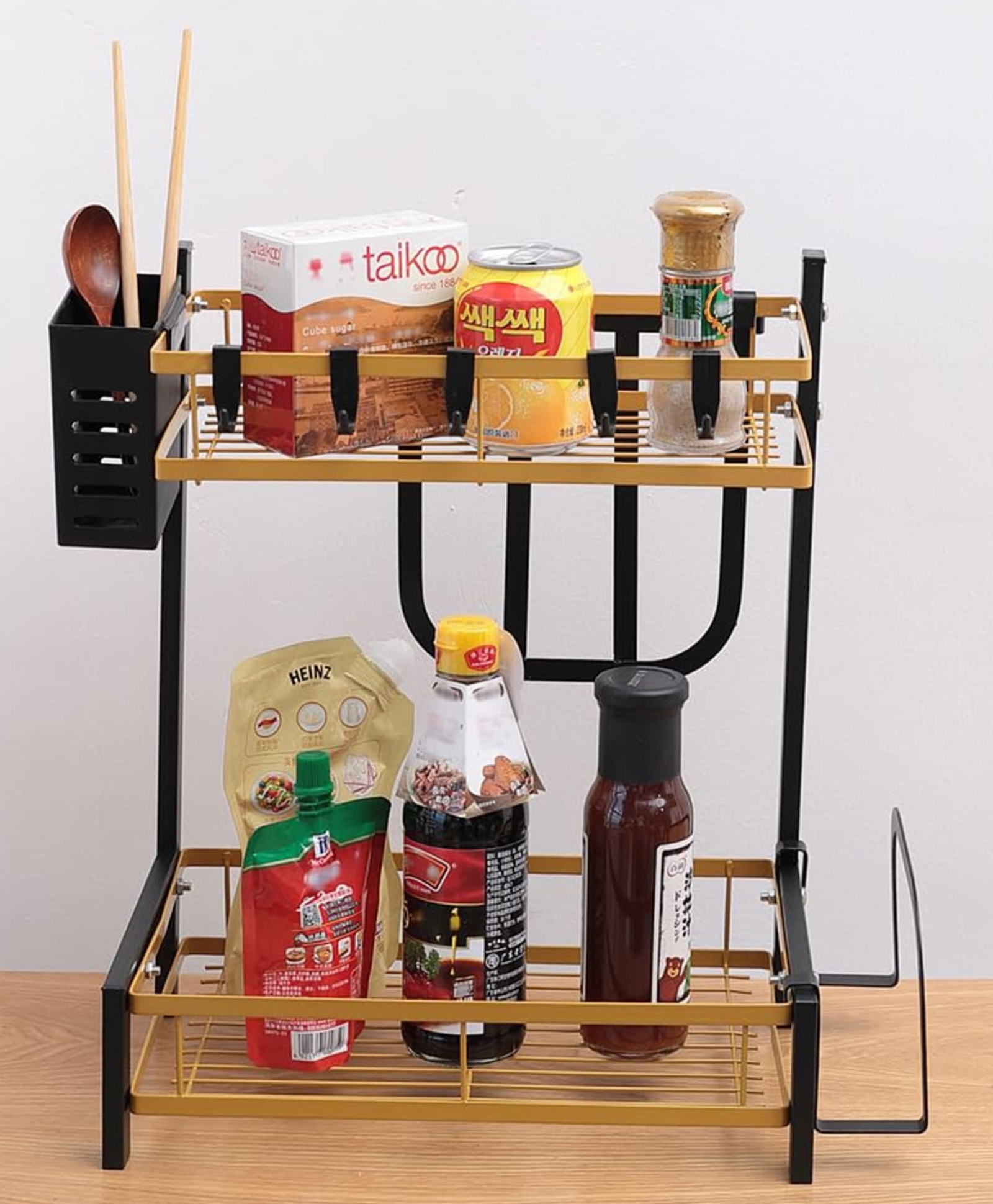 The Better Home Trapezoidal Seasoning Rack | Stackable Kitchen Basket For Storage | Carbon Steel Collapsible Foldable Basket For Fruits And Vegetables | Rust-Resistant (Black Gold - Design 2)-picture-48