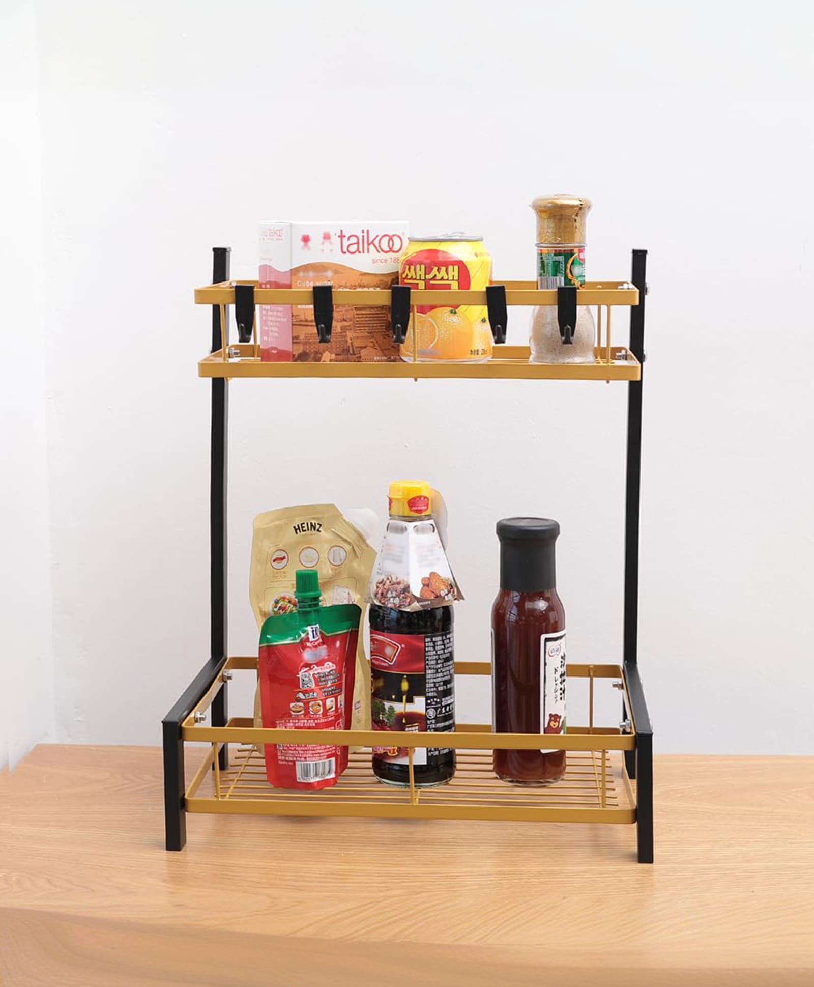The Better Home Trapezoidal Seasoning Rack | Stackable Kitchen Basket For Storage | Carbon Steel Collapsible Foldable Basket For Fruits And Vegetables | Rust-Resistant (Black Gold - Design 1)-image-10