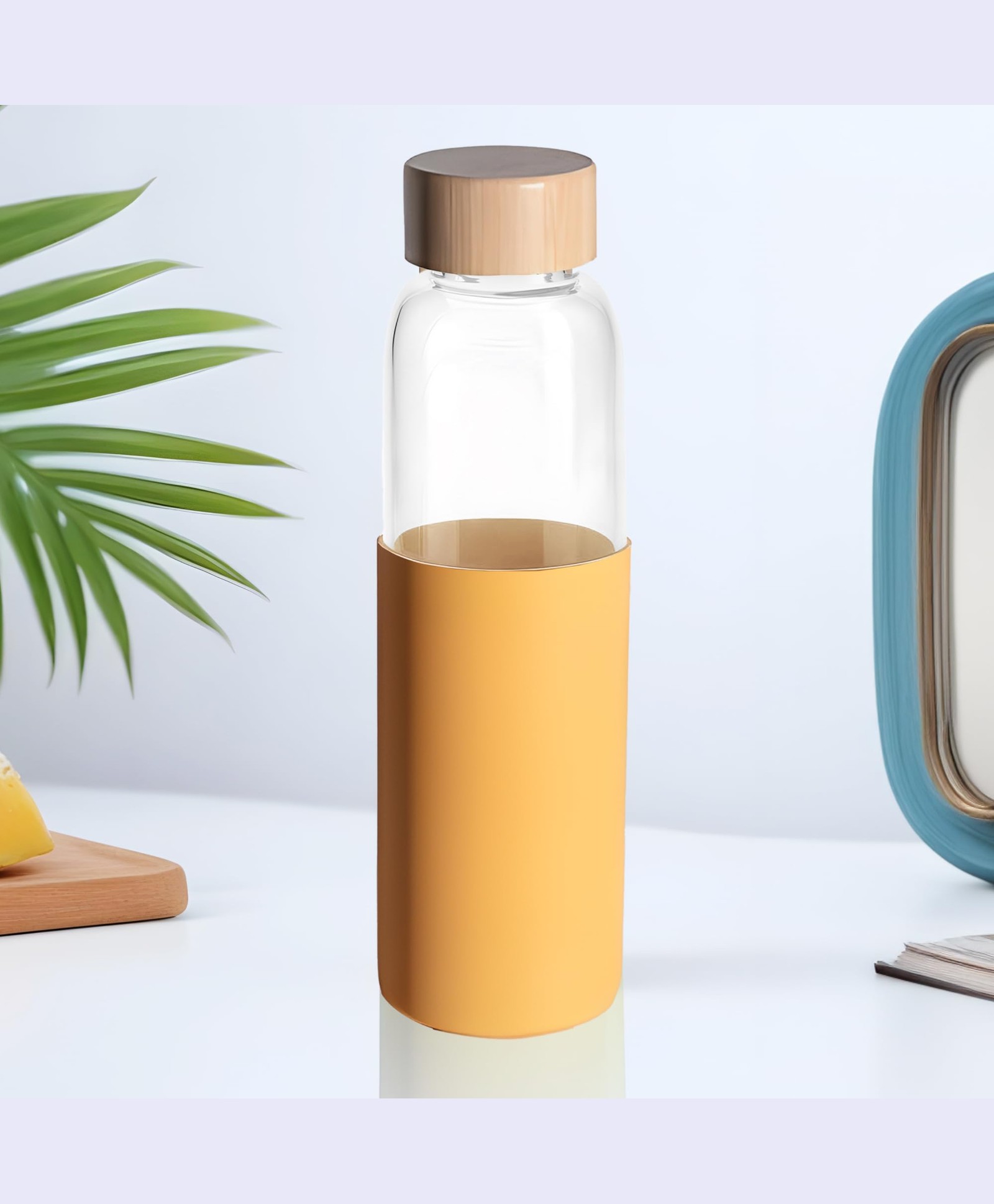 Better Home Glass Water Bottle (500ml) | Bamboo Lid & Sleeve | Home Office Gym | Yellow Pack-image-6