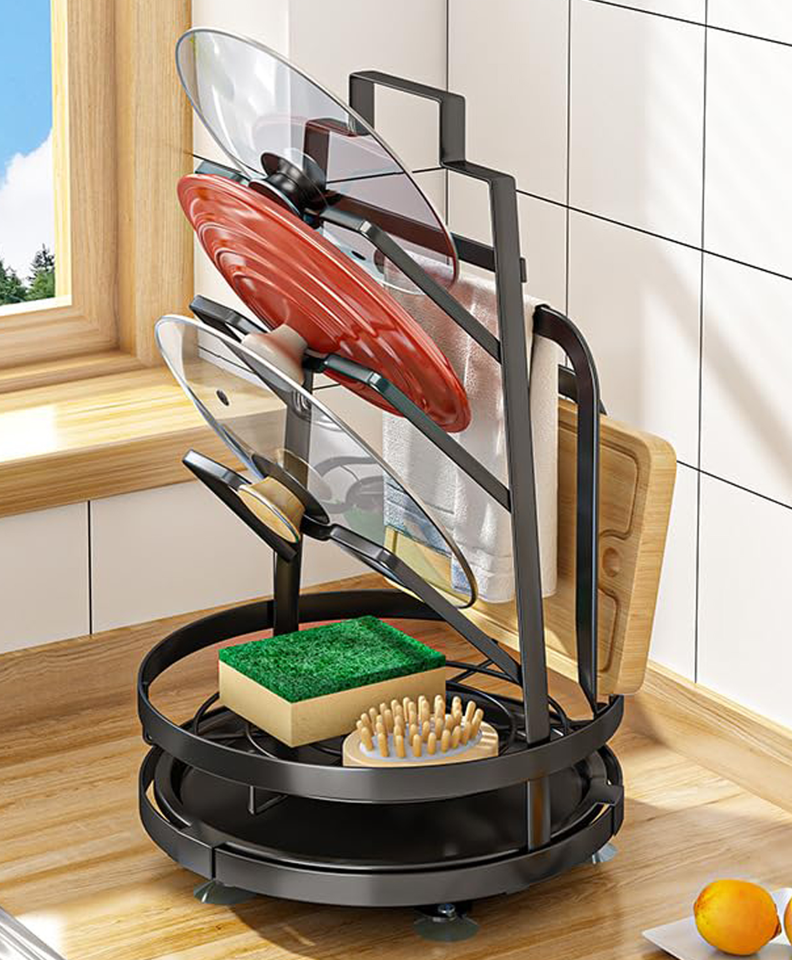 UMAI Rotatable Lid Rag Holder | 360¬8 Rotation | Large Capacity | Free Installation | Kitchen Storage Organizer | Space-Saving | Multifunctional (Black)-image-23