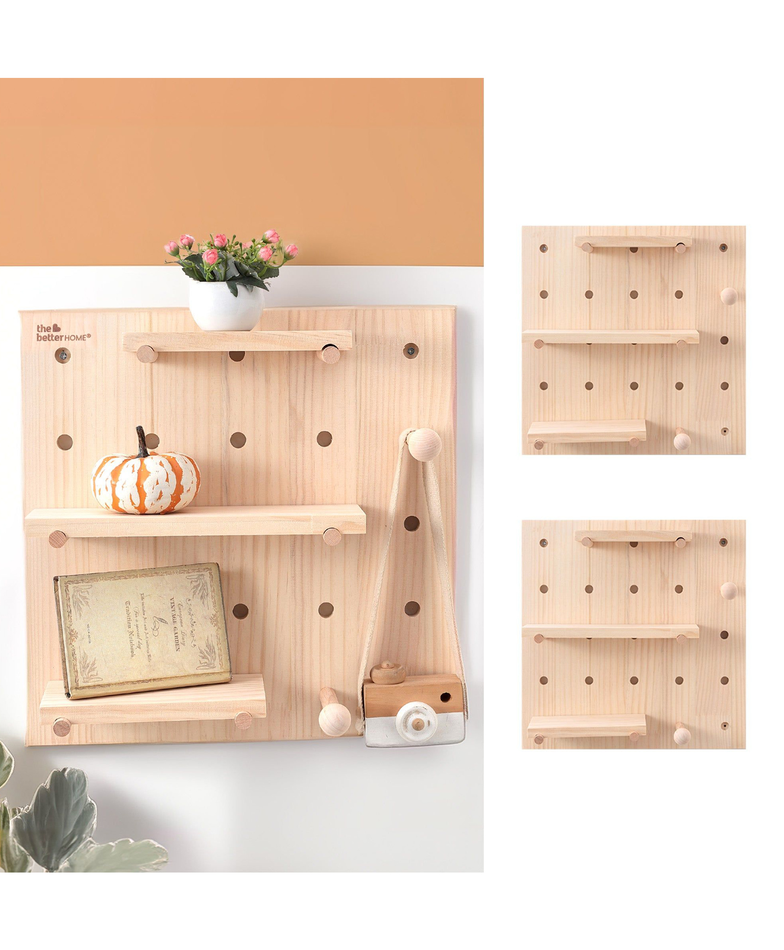 Better Home Pinewood Pegboard Key Holder - 16x16 Inch with Shelf - Ideal for Living Room Office or Bedroom!-image-2